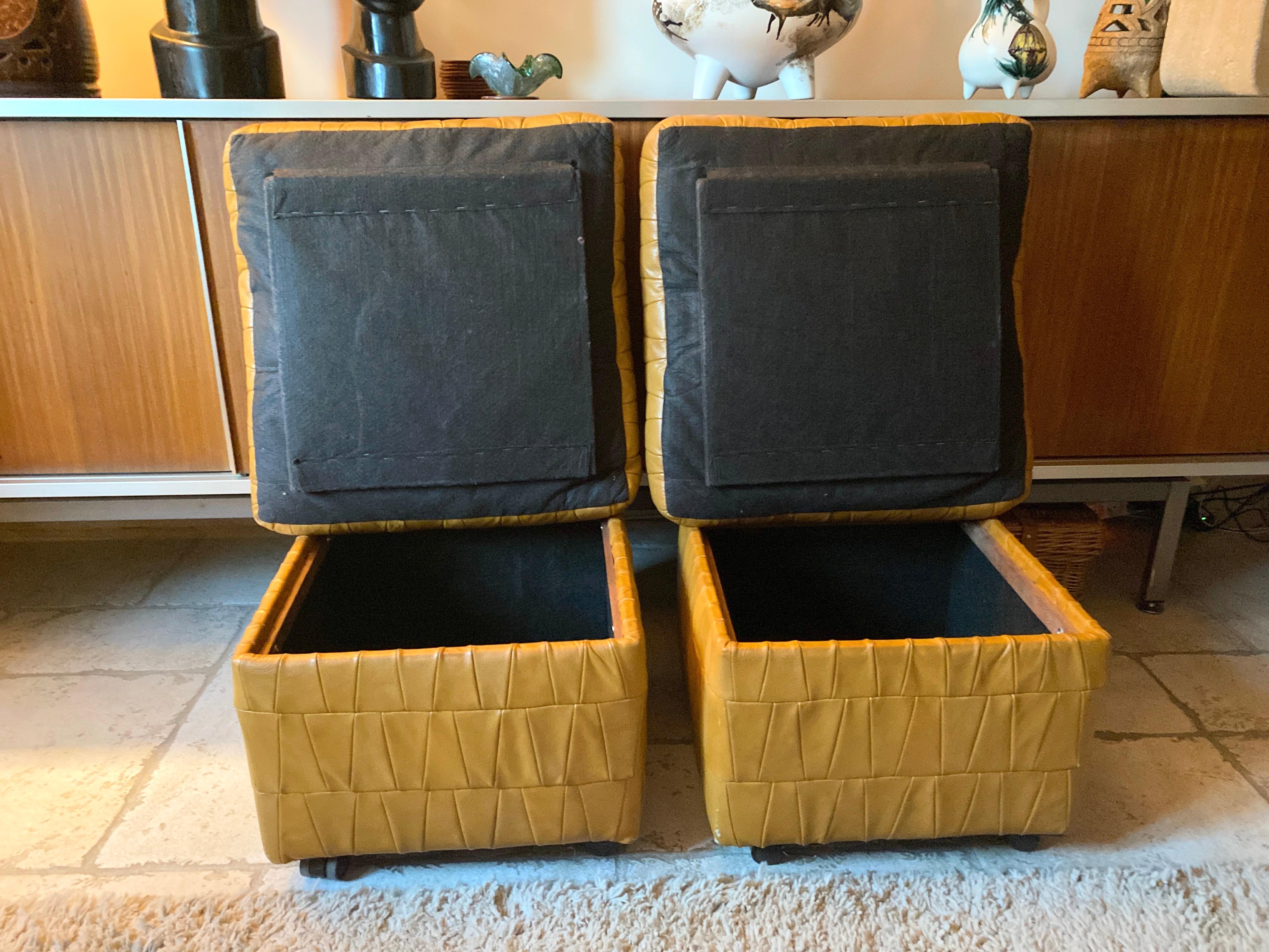 Swiss Pair of poufs / chest or Ottoman in leather patchwork De Sede 1970