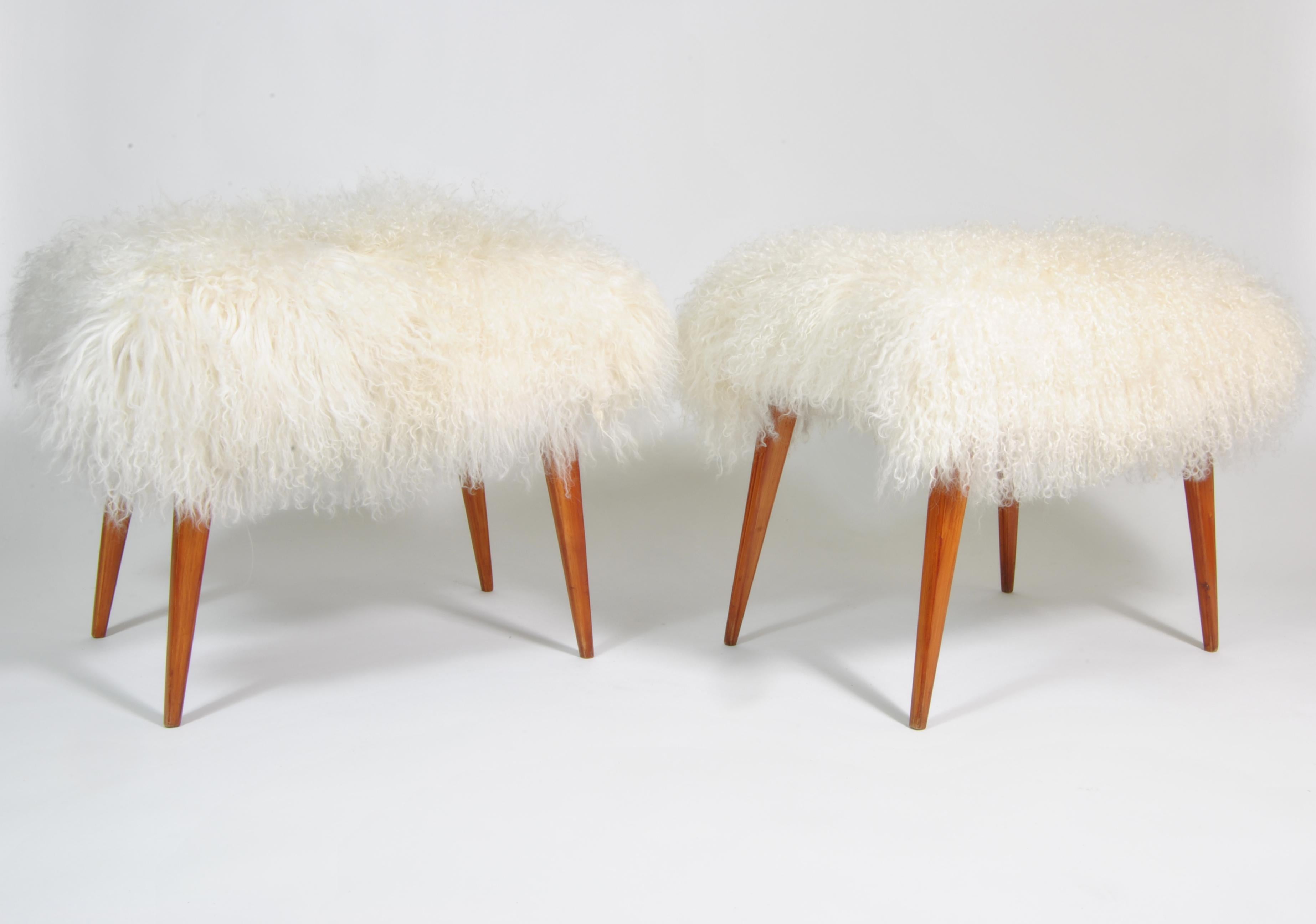 Pair of cherry wood poufs covered with new white Mongolian leather, Italy, 1950.