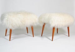 Pair of Poufs Covered with New White Mongolian Leather, Italy, 1950