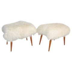 Vintage Pair of Poufs Covered with New White Mongolian Leather, Italy, 1950