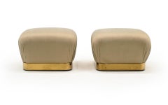 Pair of Poufs / Ottomans by Karl Springer, Original Tan / Taupe Fabric, Brass