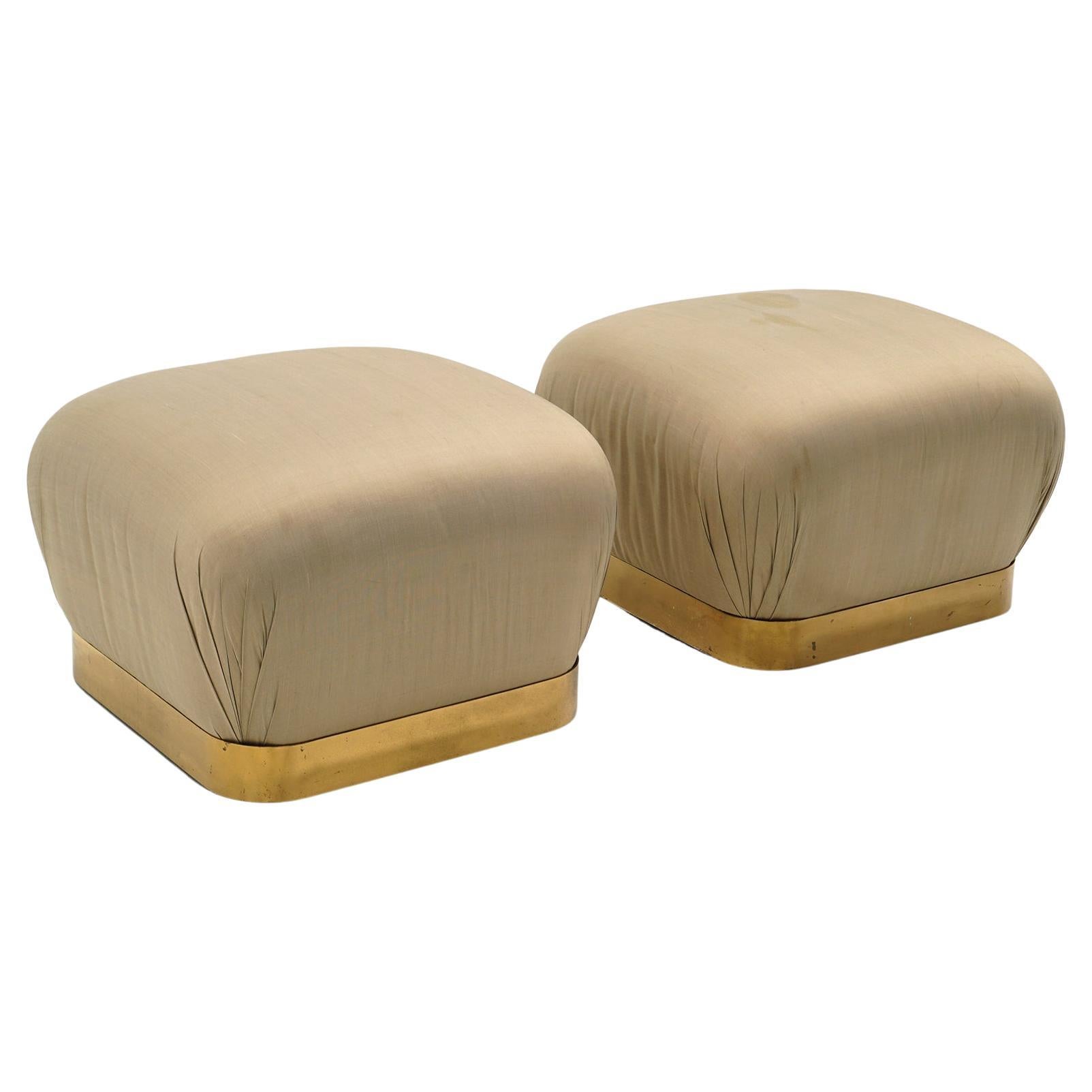 Pair of Poufs / Ottomans by Karl Springer, Original Tan / Taupe Fabric, Brass For Sale