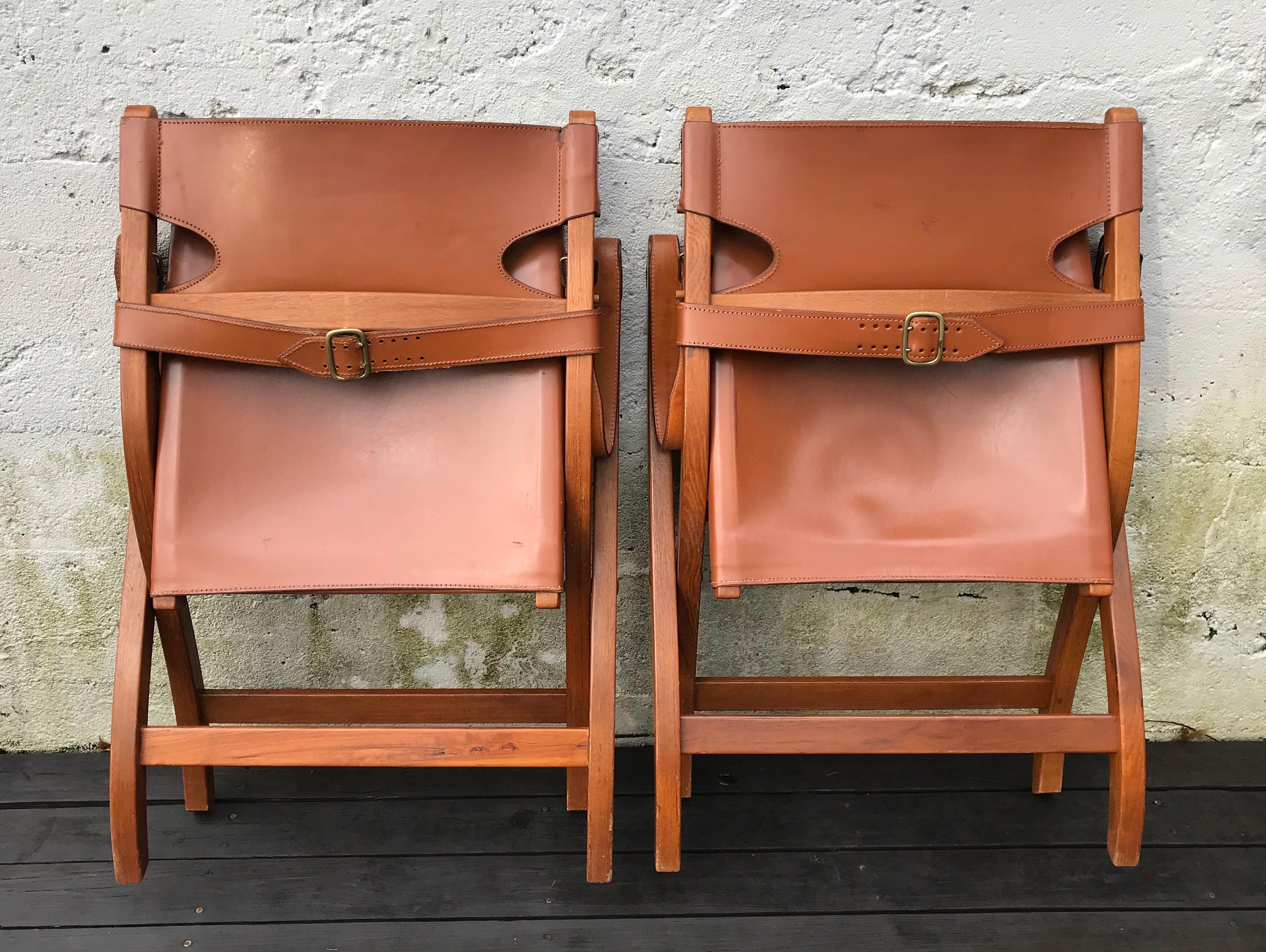 Pair of Poul Hundevad Campaign X-Leather Folding Lounge Chairs, Denmark, 1950s 3