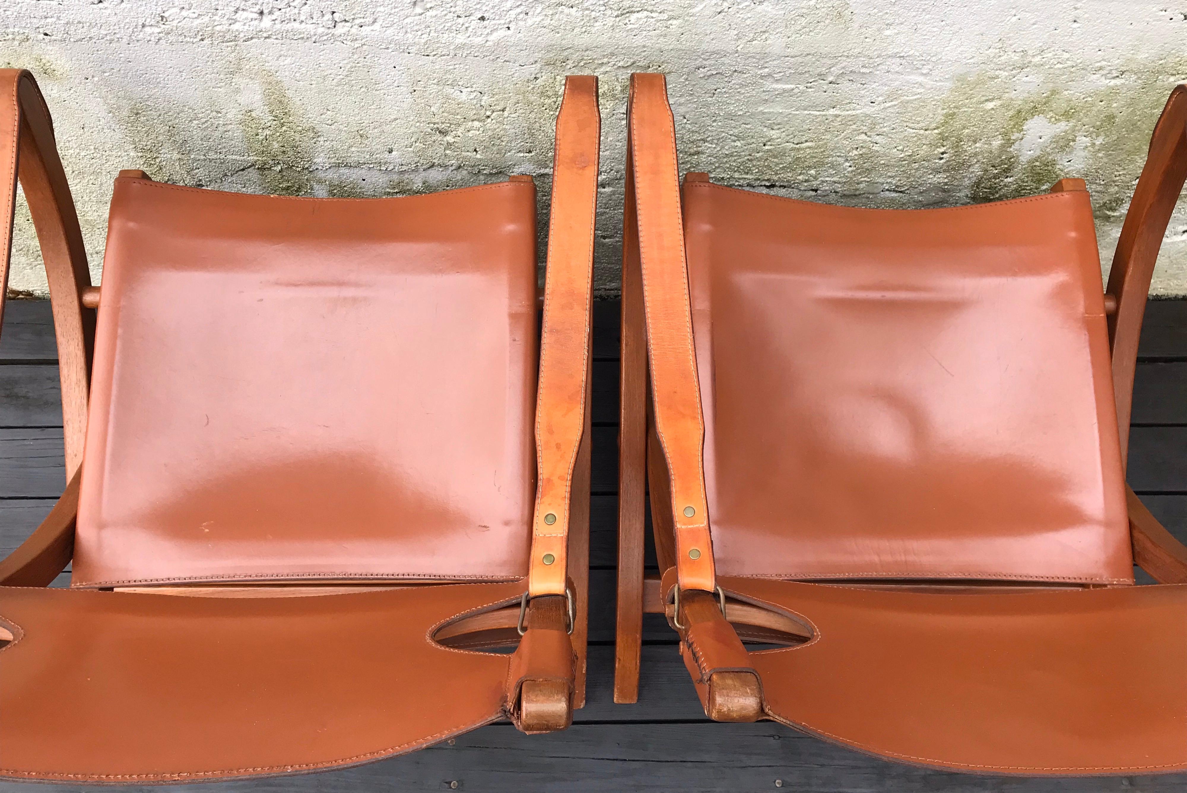 Mid-20th Century Pair of Poul Hundevad Campaign X-Leather Folding Lounge Chairs, Denmark, 1950s