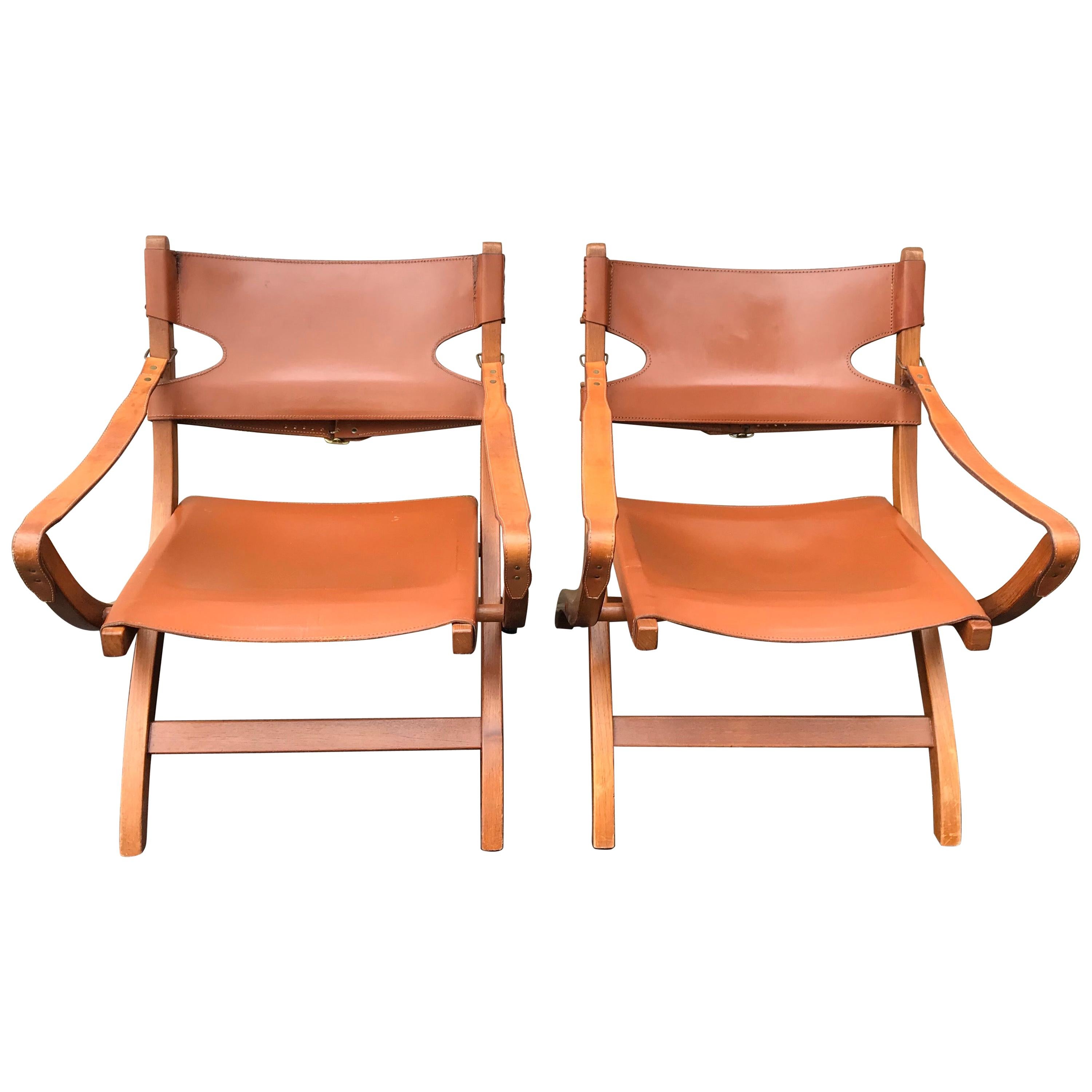 Pair of Poul Hundevad Campaign X-Leather Folding Lounge Chairs, Denmark, 1950s