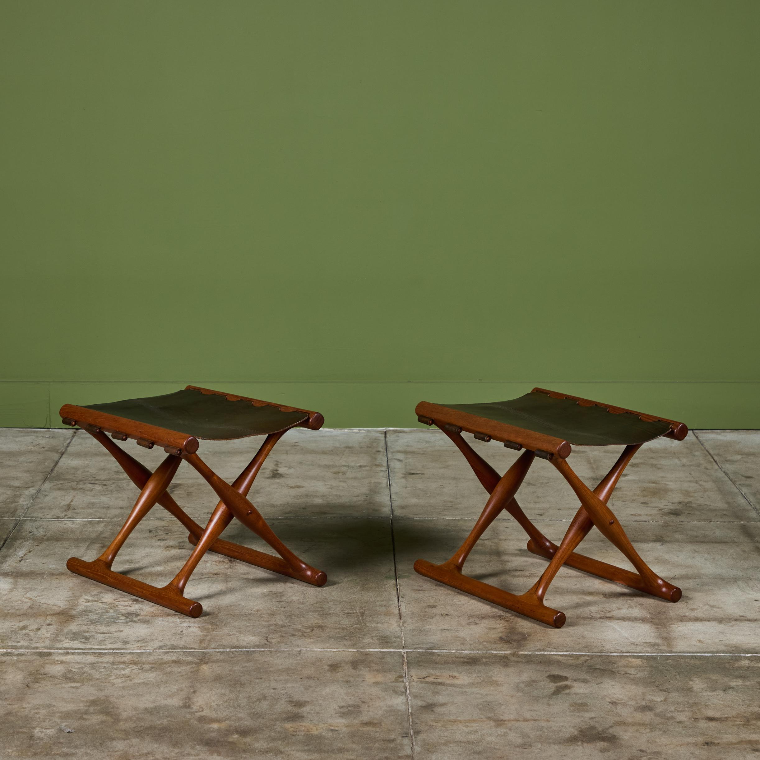 Leather Pair of Poul Hundevad “Guldhoj” Teak Folding Stools for Vamdrup Stolefabrik