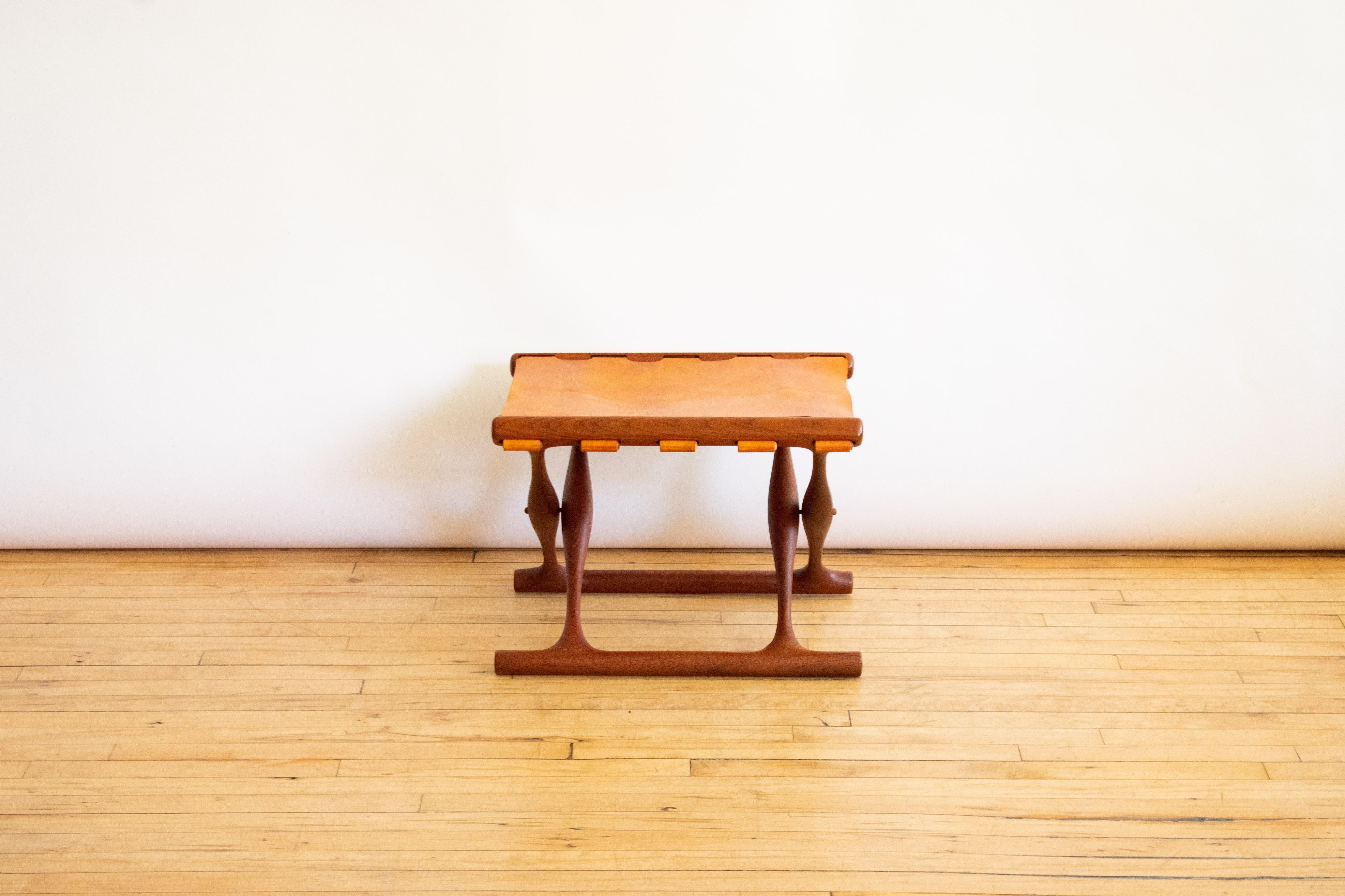 Denmark, ca. 1950s. A stunning and rare pair of Model 41 folding stools originally designed by Poul Hundevad (1917-2011) in 1948. Each features exceptionally carved teak frames with cognac leather seats. Referred to as the Goldhøj or Gold Hill