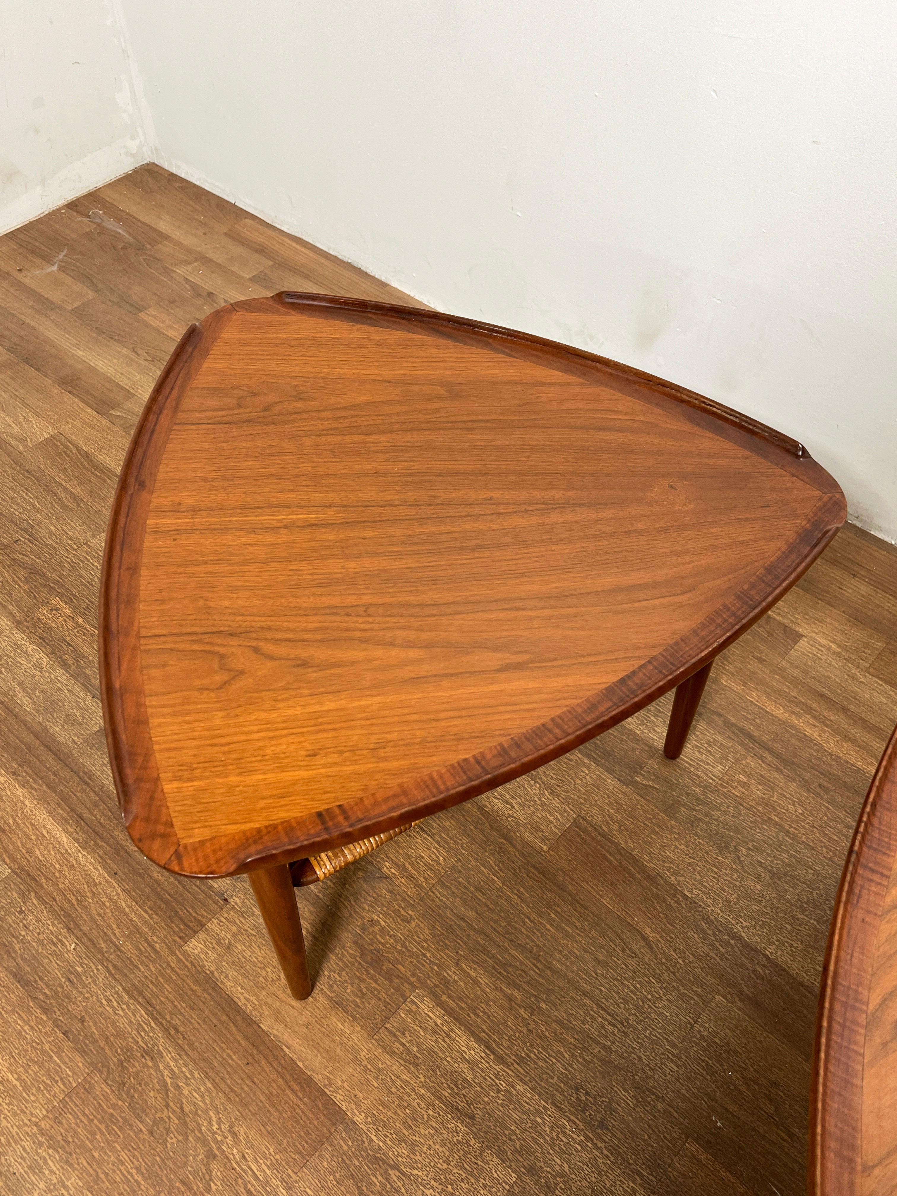 Scandinavian Modern Pair of Poul Jensen for Selig Teak and Cane Tripod Side Tables C. 1960s For Sale