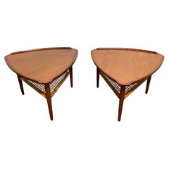 Pair of Poul Jensen for Selig Teak and Cane Tripod Side Tables C. 1960s