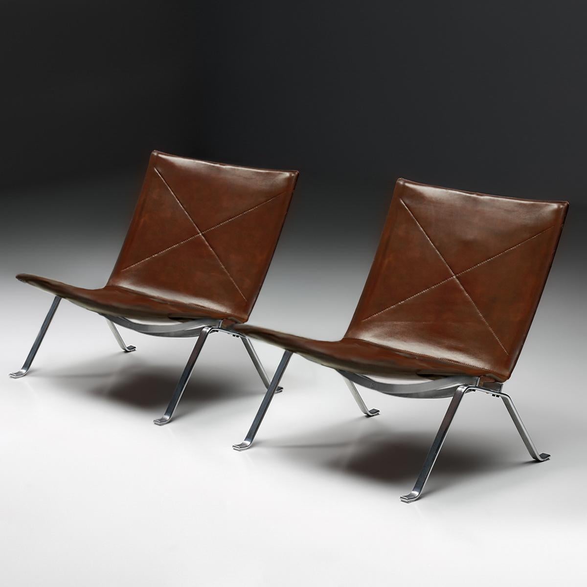 German Pair of Poul Kjaerholm, E. Kold Christensen Steel and Leather PK22 Lounge Chairs