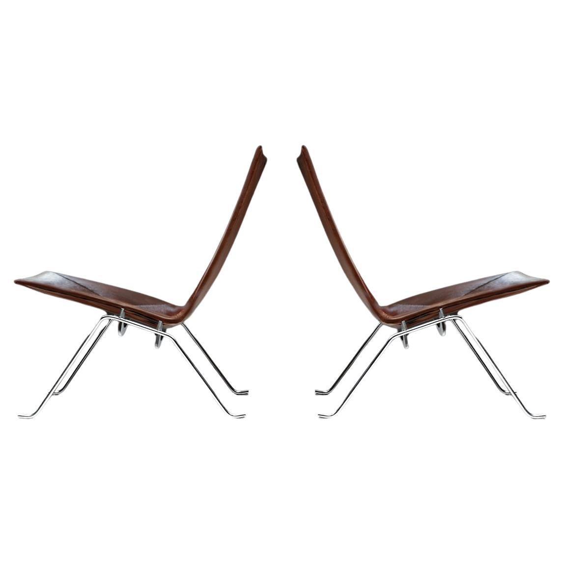 Pair of Poul Kjaerholm, E. Kold Christensen Steel and Leather PK22 Lounge Chairs