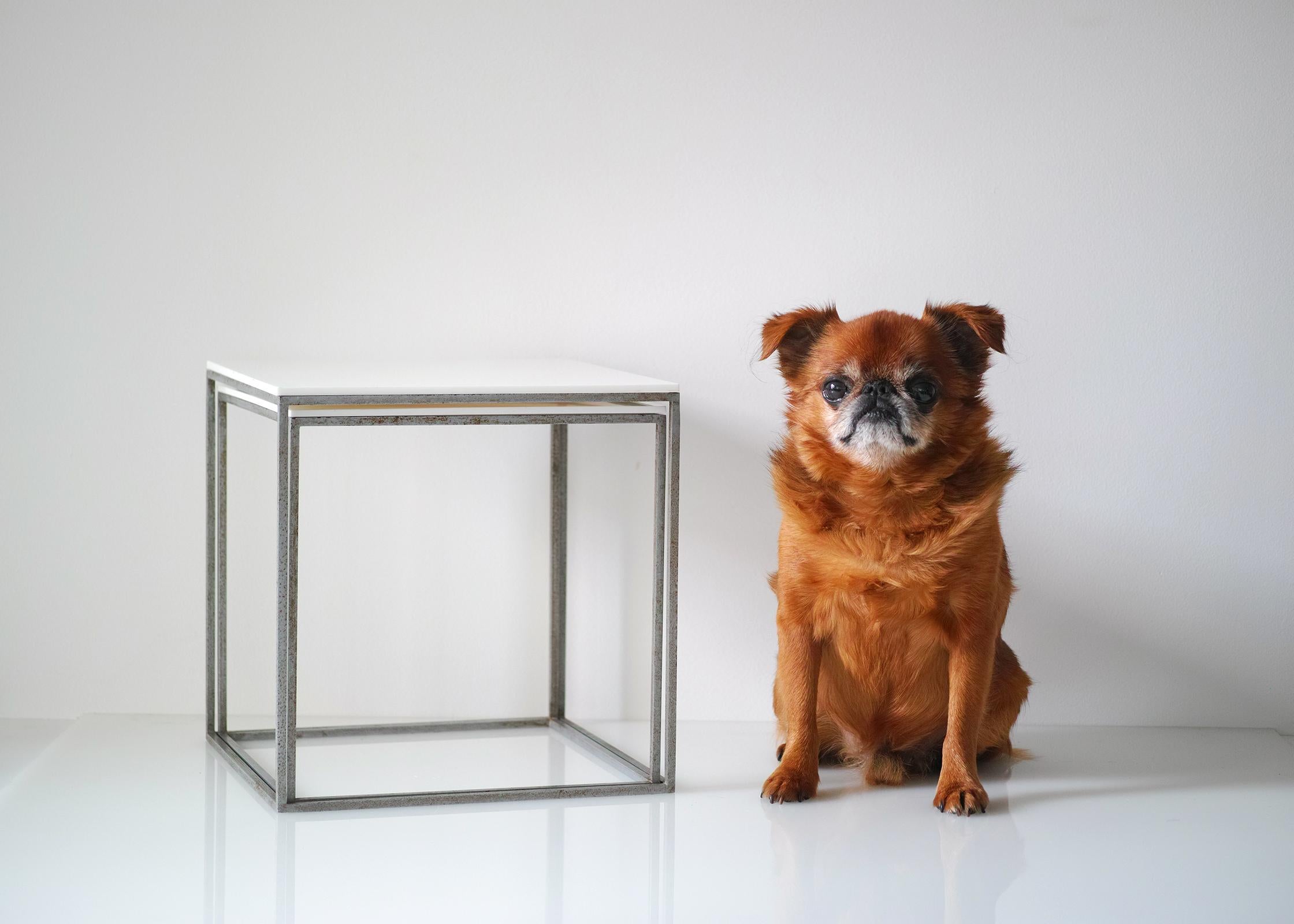 For your consideration is this pair of Poul Kjærholm PK-71 Cube Nesting Tables dating from the 1960s. They feature elegantly slim metal frames with the original inset white acrylic tops. They are versatile small scale tables that function well on a