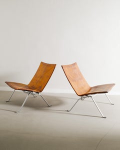 Pair of Poul Kjaerholm "PK22" Chairs in Brown Original Leather by E. Kold, 1960s