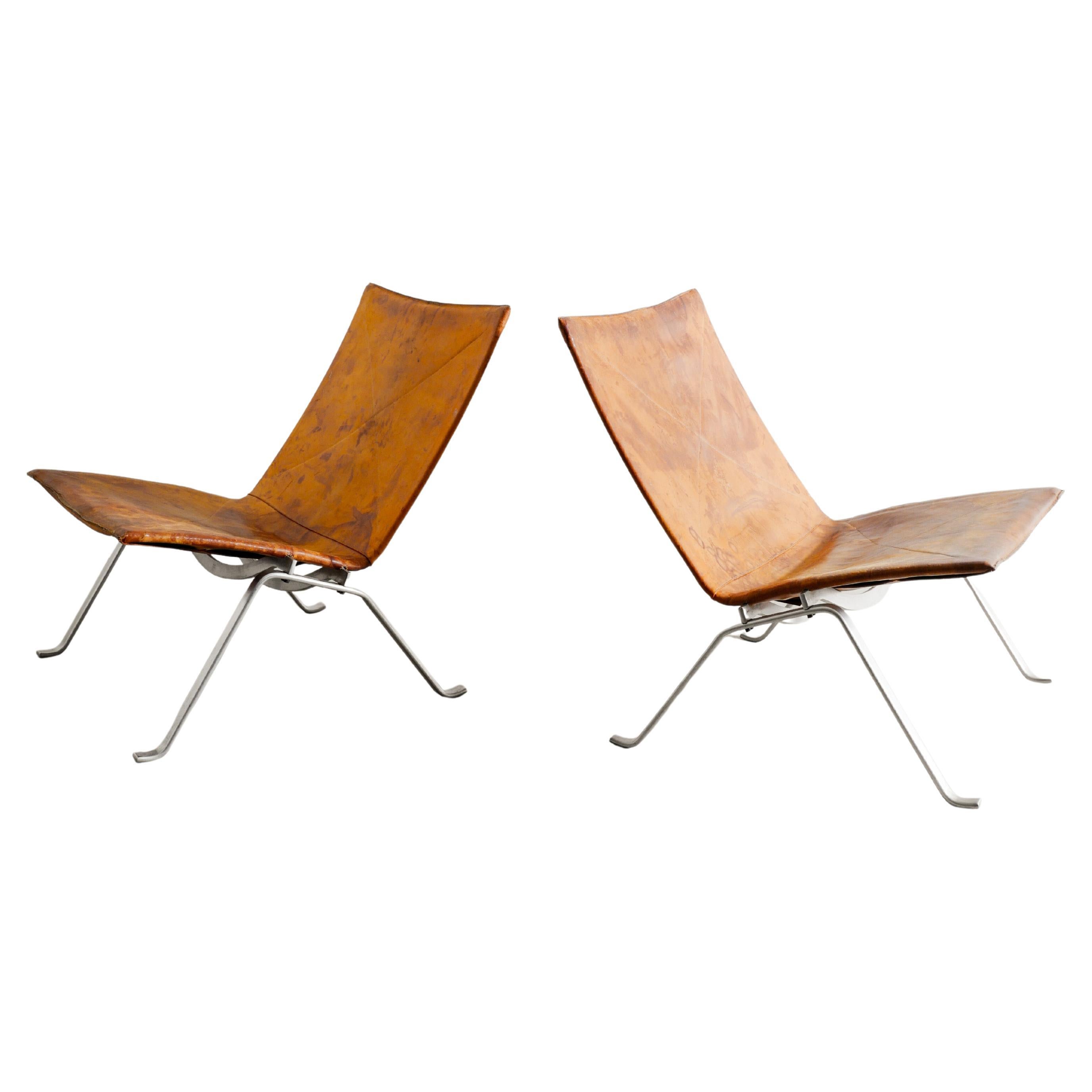 Pair of Poul Kjaerholm "PK22" Chairs in Brown Original Leather by E. Kold, 1960s For Sale