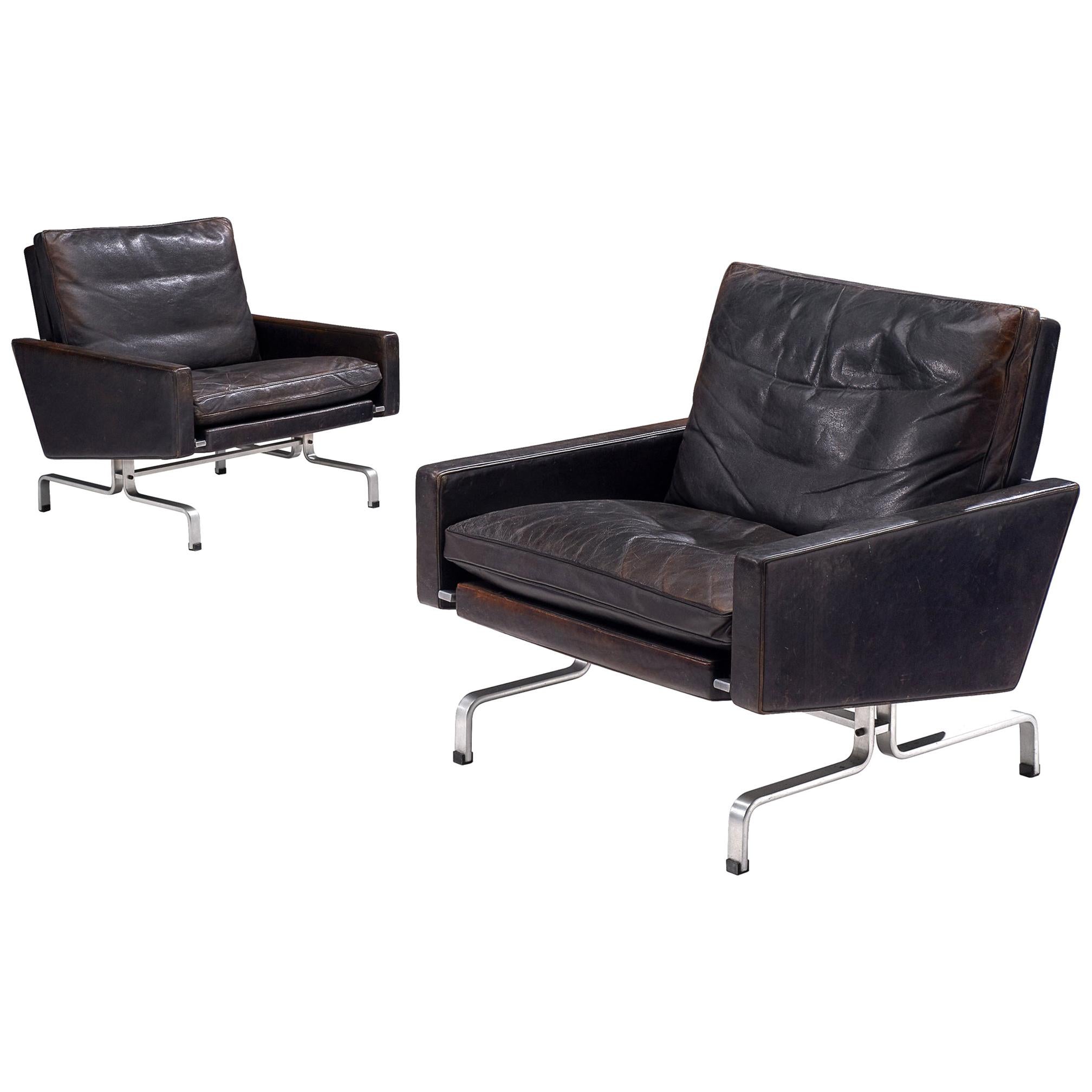Pair of Poul Kjaerholm 'PK31-1' Lounge Chairs in Original Black Leather