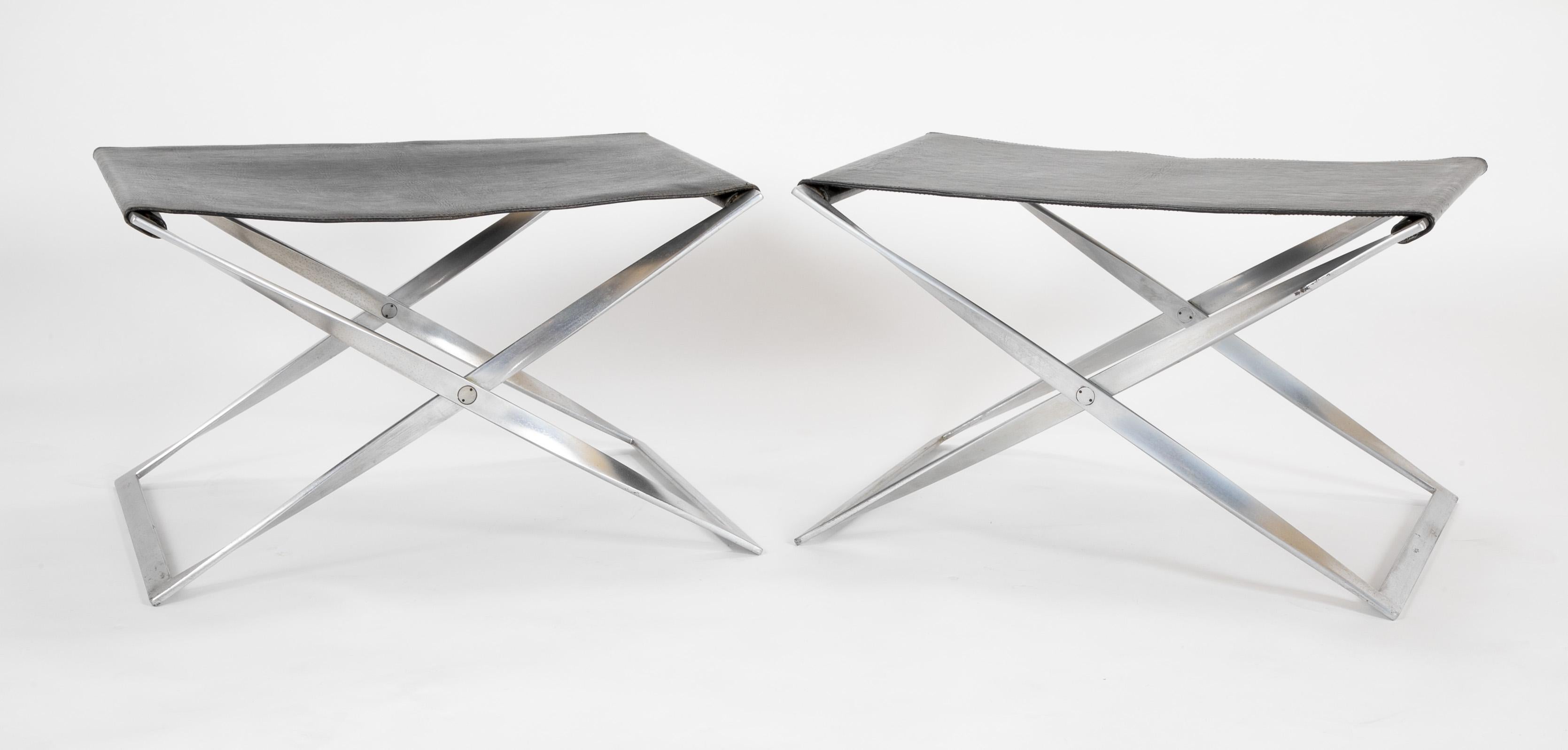 A pair of PK91 stools each stamped EKC inside a square. Please note these are from the first edition of PK91 stools not the latter edition by Fritz Hansen. Matte chrome-plated steel frames with the original goat leather.
For illustrated examples