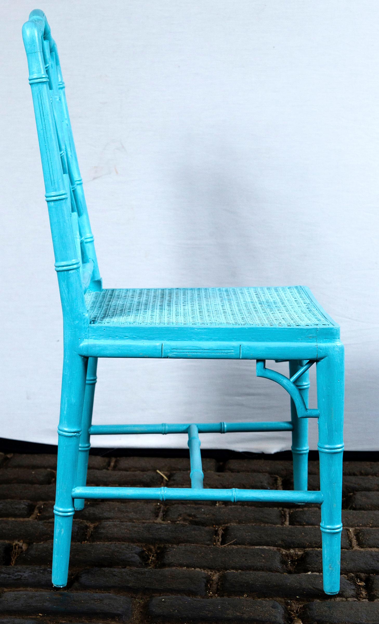 Pair of Powder Blue Armless Chinese Chippendale Chairs In Good Condition In Stamford, CT