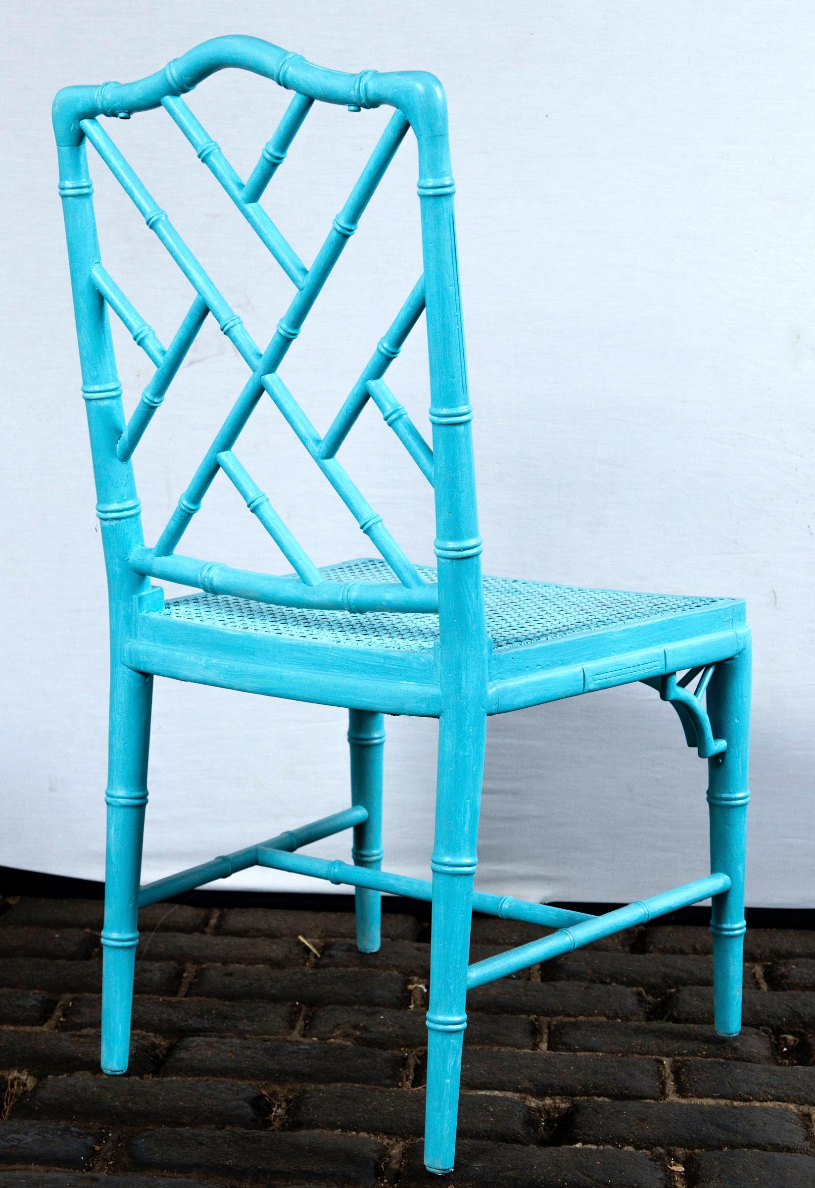 Mid-20th Century Pair of Powder Blue Armless Chinese Chippendale Chairs