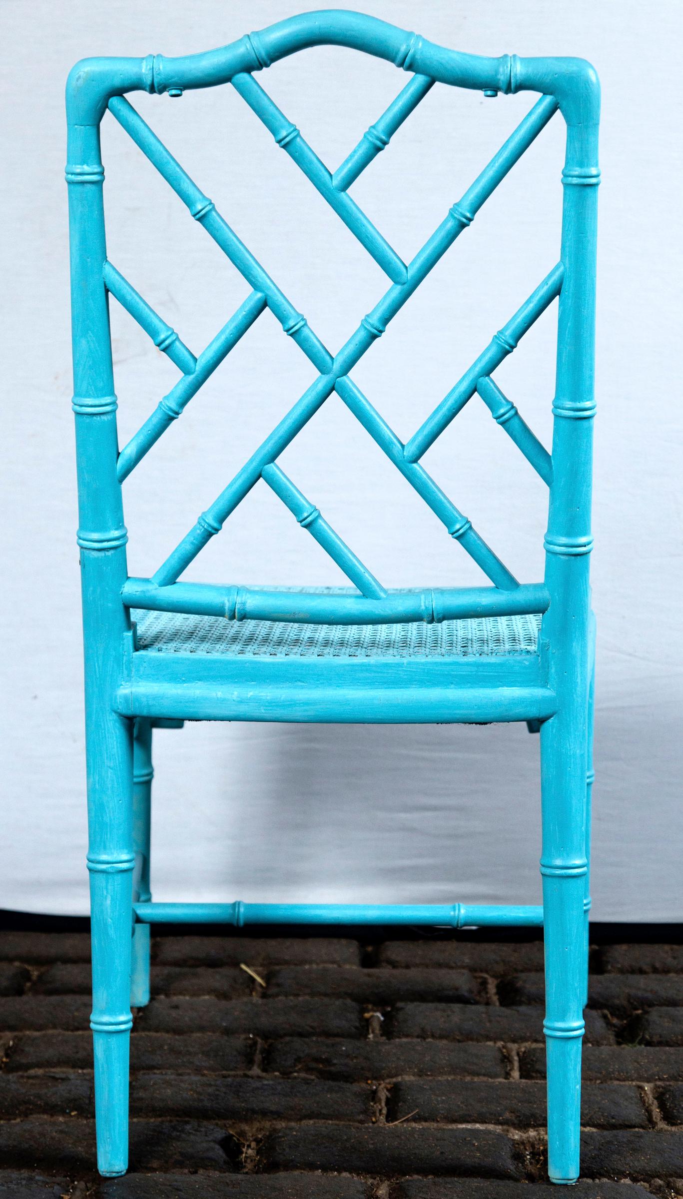 Wood Pair of Powder Blue Armless Chinese Chippendale Chairs