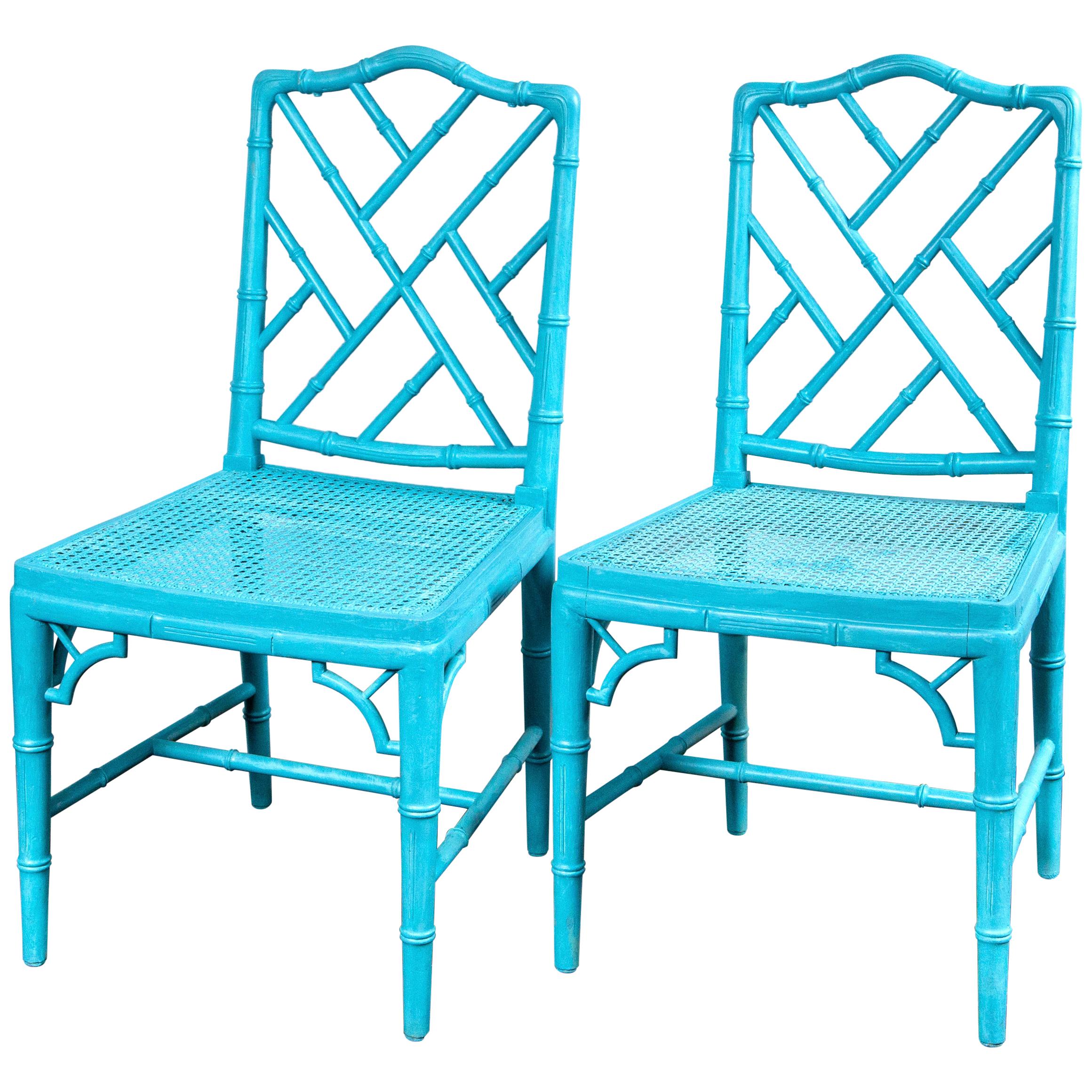 Pair of Powder Blue Armless Chinese Chippendale Chairs