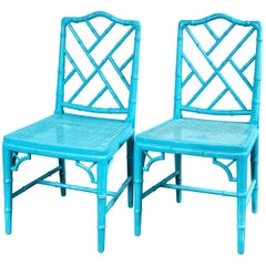 Pair of Powder Blue Armless Chinese Chippendale Chairs