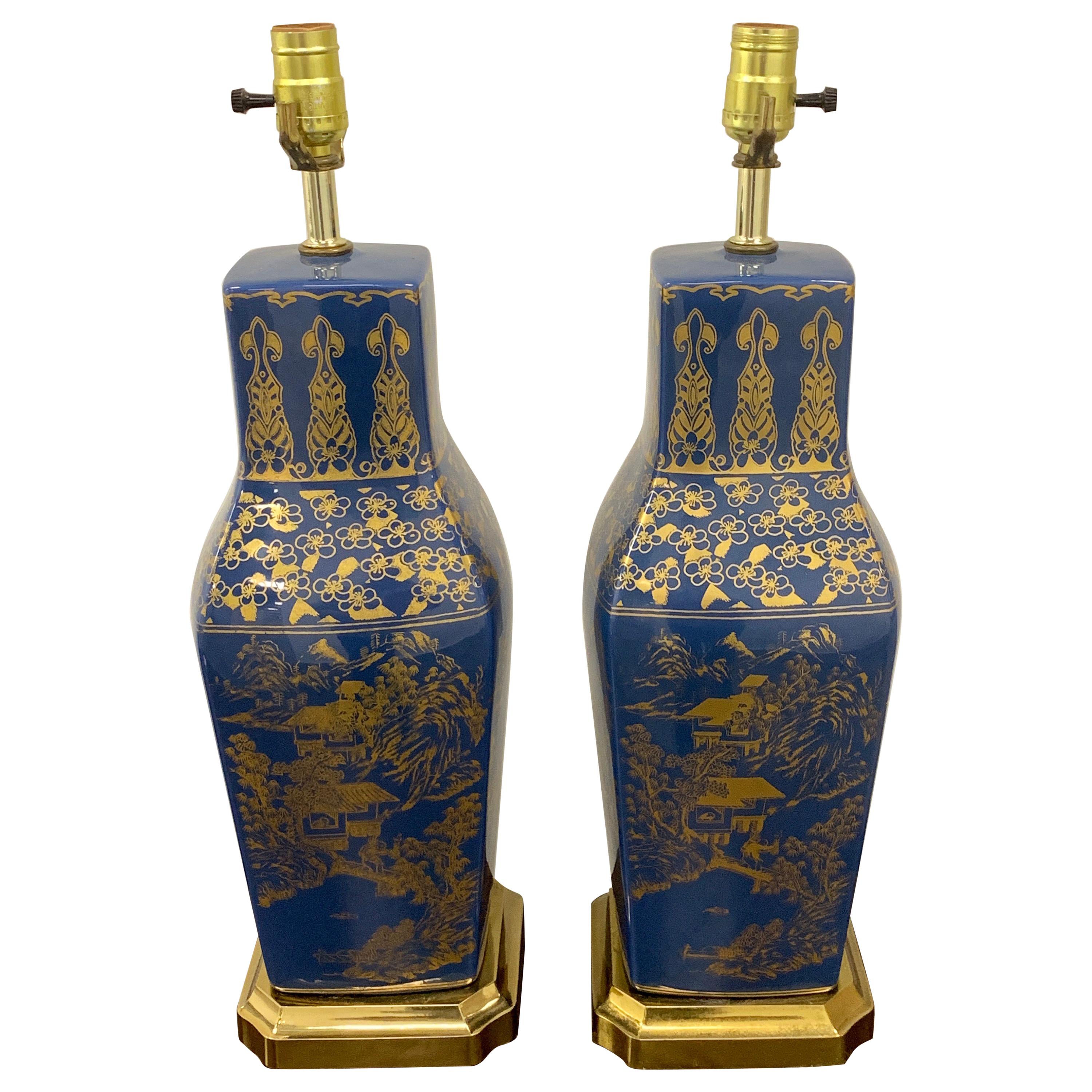 Pair of Powder Blue Chinese Export Porcelain with Gilt Decoration For Sale