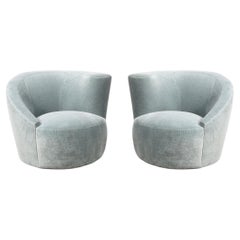 Pair of Powder Blue Mohair Velvet Swiveling "Nautilus" Chairs by Vladimir Kagan