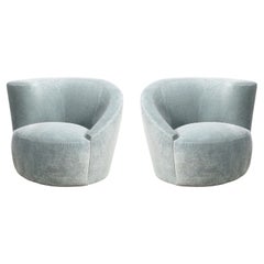 Pair of Powder Blue Mohair Velvet Swiveling "Nautilus" Chairs by Vladimir Kagan