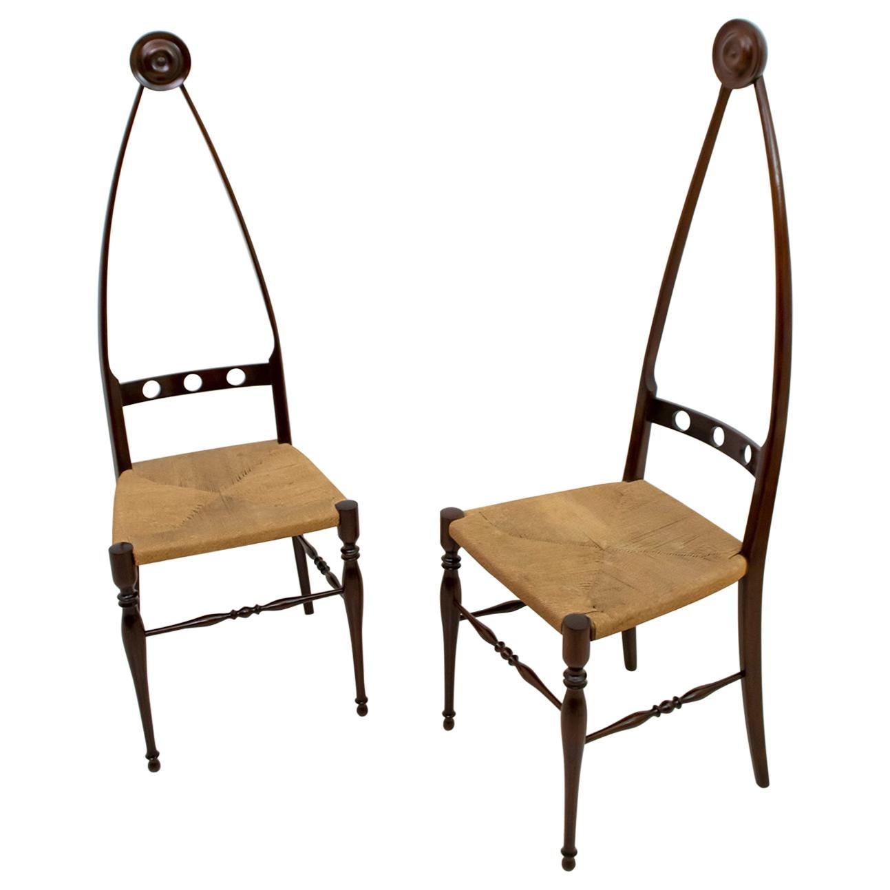Pair of Pozzi & Verga Mid-Century Modern Italian High Back Chairs, 1950s