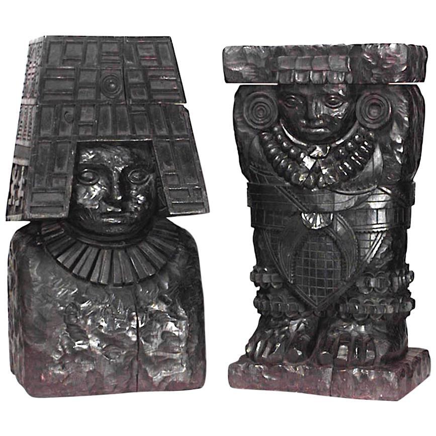 Pair of Pre-Colombian Style Ebonized Wood Carved Figures
