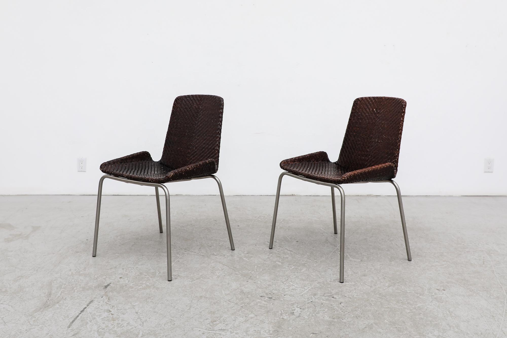 Mid-Century Modern Pair of Preben Fabricius Inspired Dark Brown Woven Leather Dining Chairs For Sale