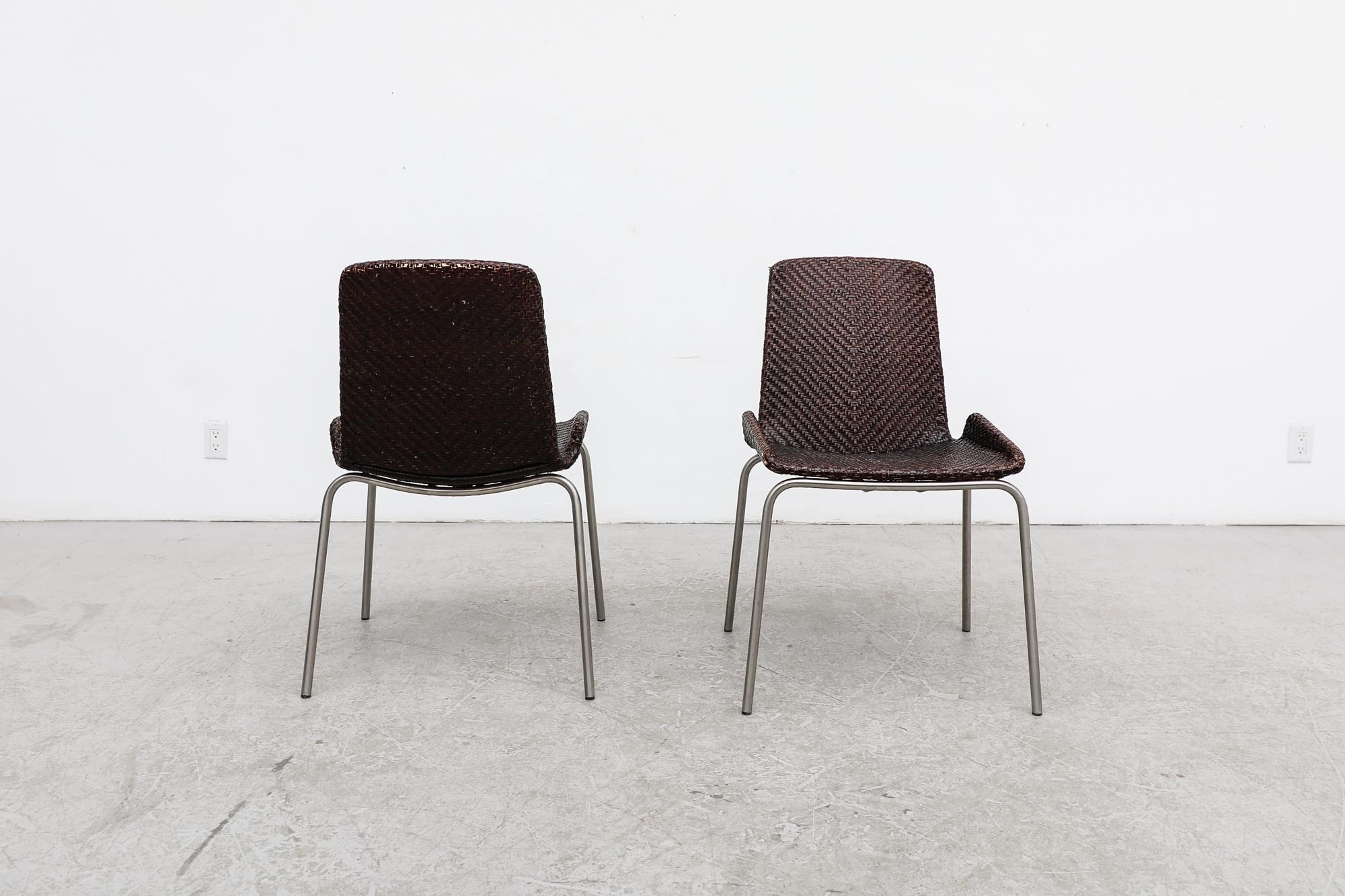 Hand-Woven Pair of Preben Fabricius Inspired Dark Brown Woven Leather Dining Chairs For Sale