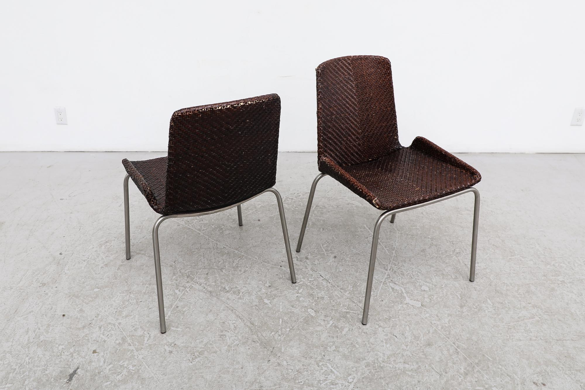 Pair of Preben Fabricius Inspired Dark Brown Woven Leather Dining Chairs In Good Condition For Sale In Los Angeles, CA