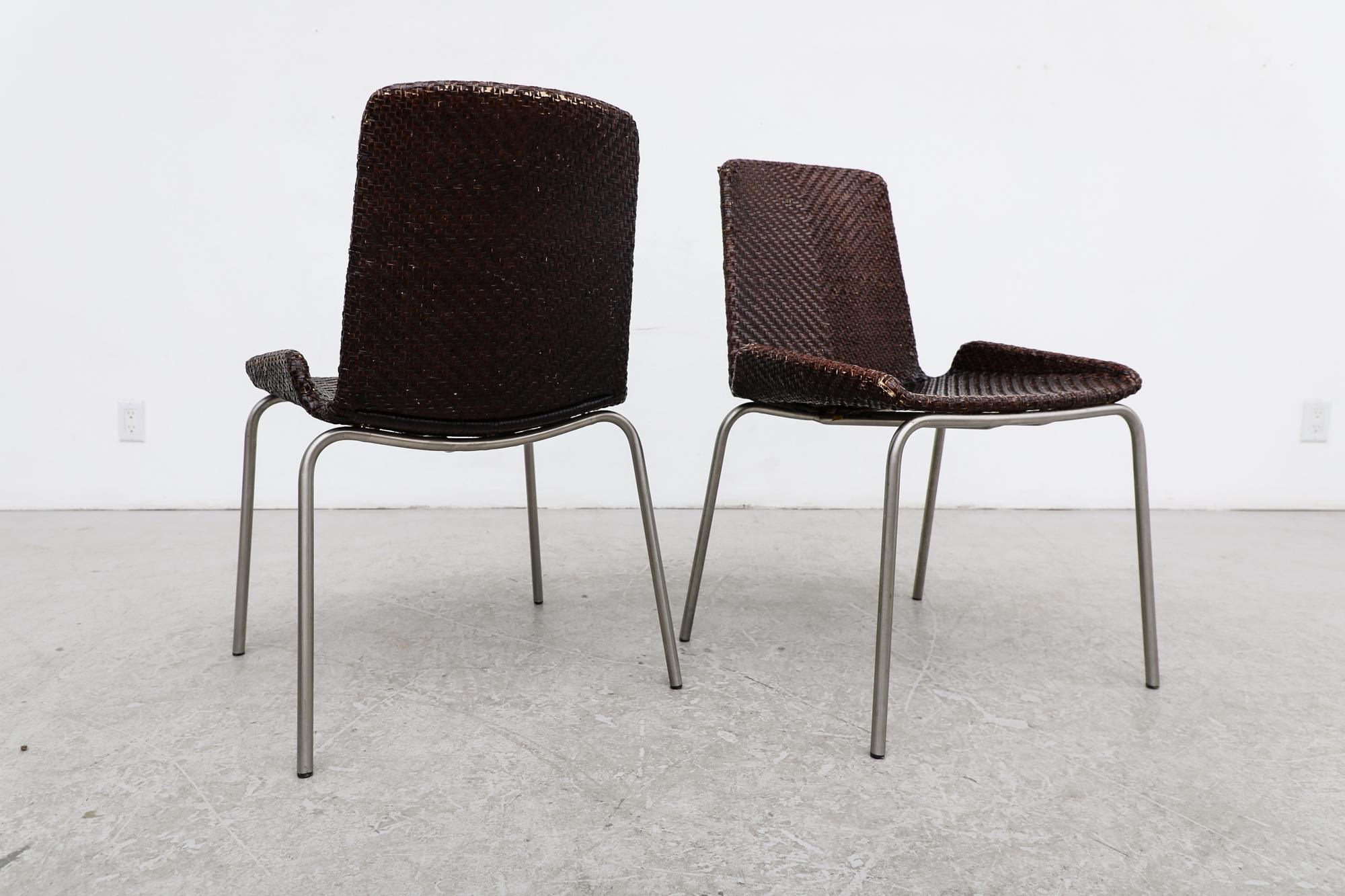 Mid-20th Century Pair of Preben Fabricius Inspired Dark Brown Woven Leather Dining Chairs For Sale