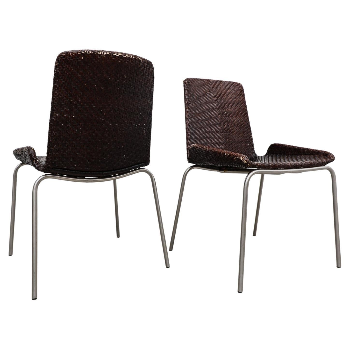 Pair of Preben Fabricius Inspired Dark Brown Woven Leather Dining Chairs For Sale