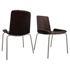 Paire de chaises de salle à manger en cuir tressé brun foncé inspirées de Preben Fabricius