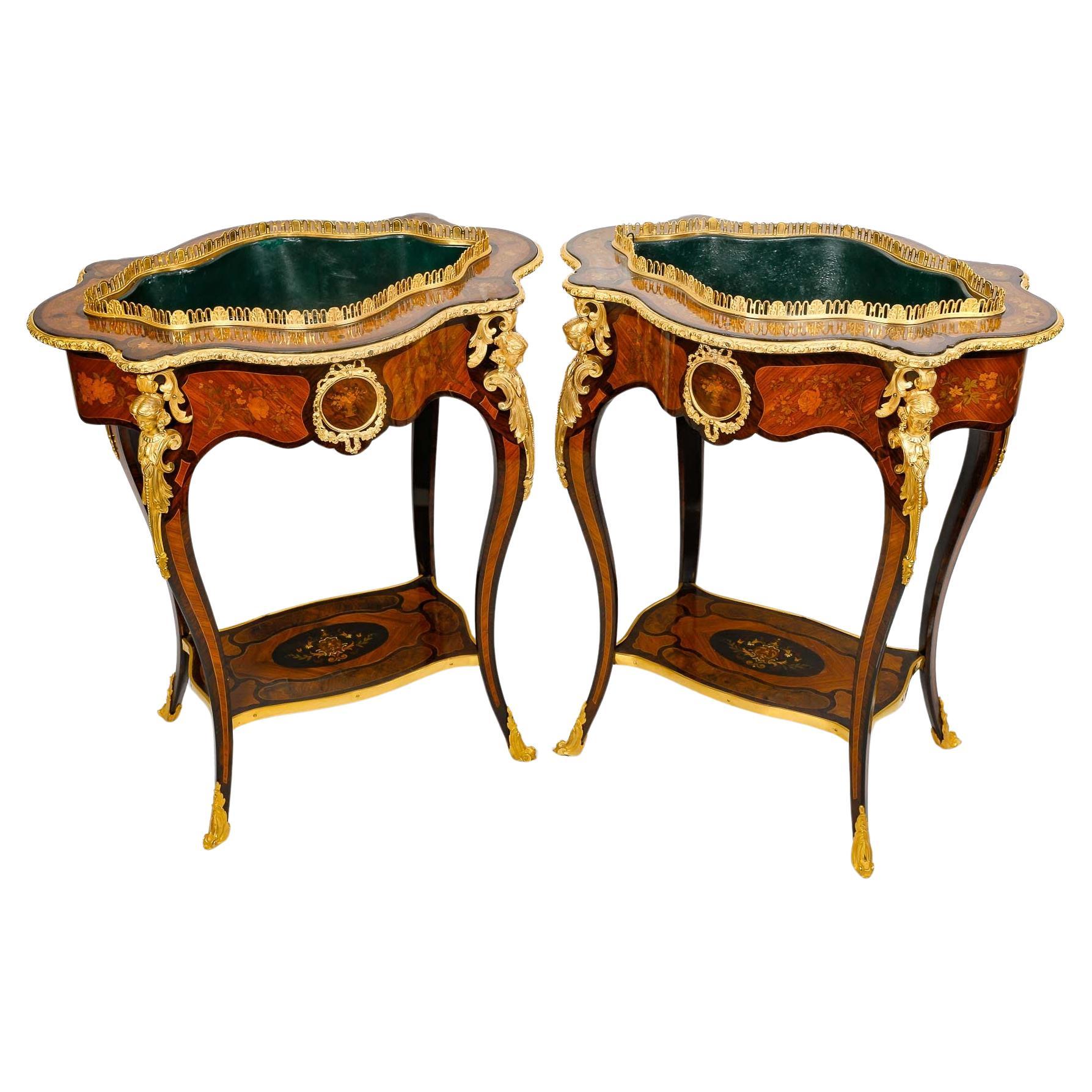 Pair of Precious Wood Marquetry and Gilt Bronze Planters, 19th Century. For Sale