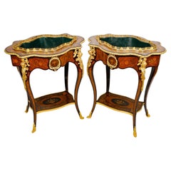 Antique Pair of Precious Wood Marquetry and Gilt Bronze Planters, 19th Century.