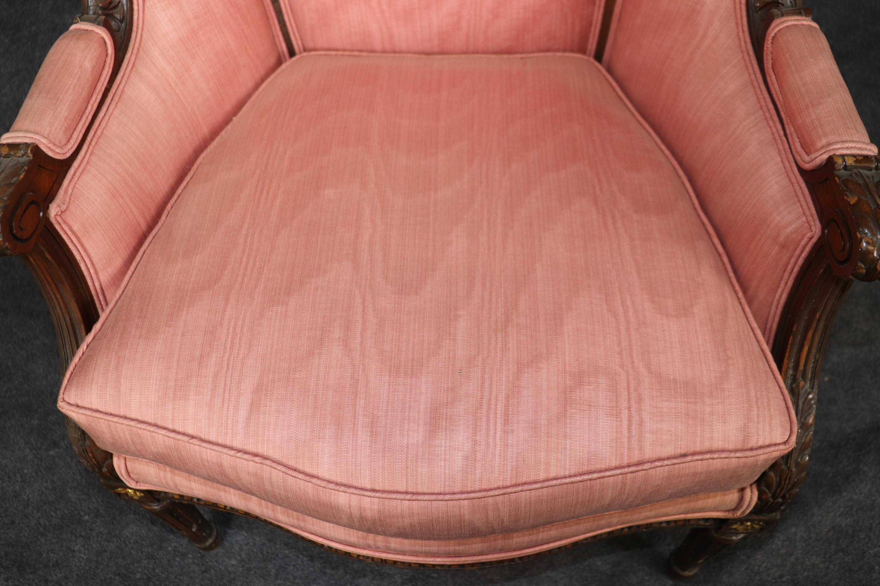 Pair of Precisely Carved French Walnut Bergere Wing Chairs Circa 1930s For Sale 9