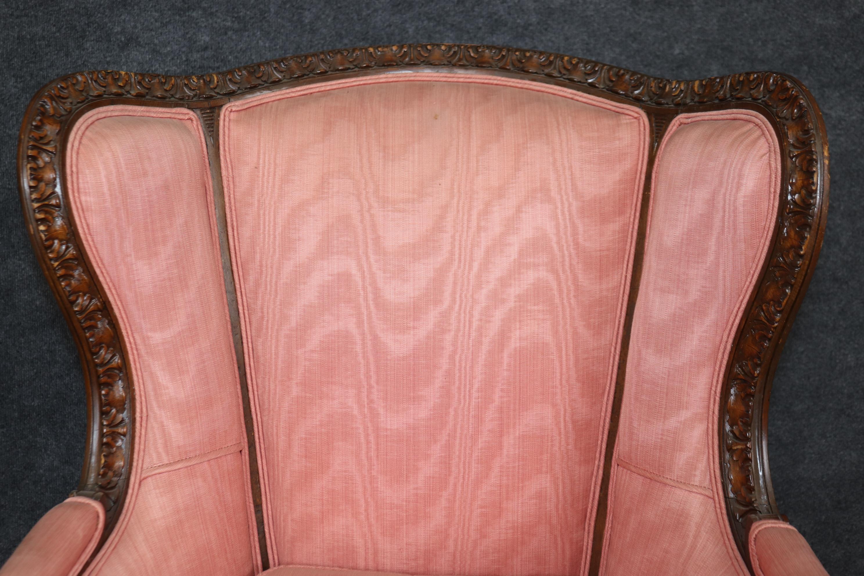 Pair of Precisely Carved French Walnut Bergere Wing Chairs Circa 1930s For Sale 10