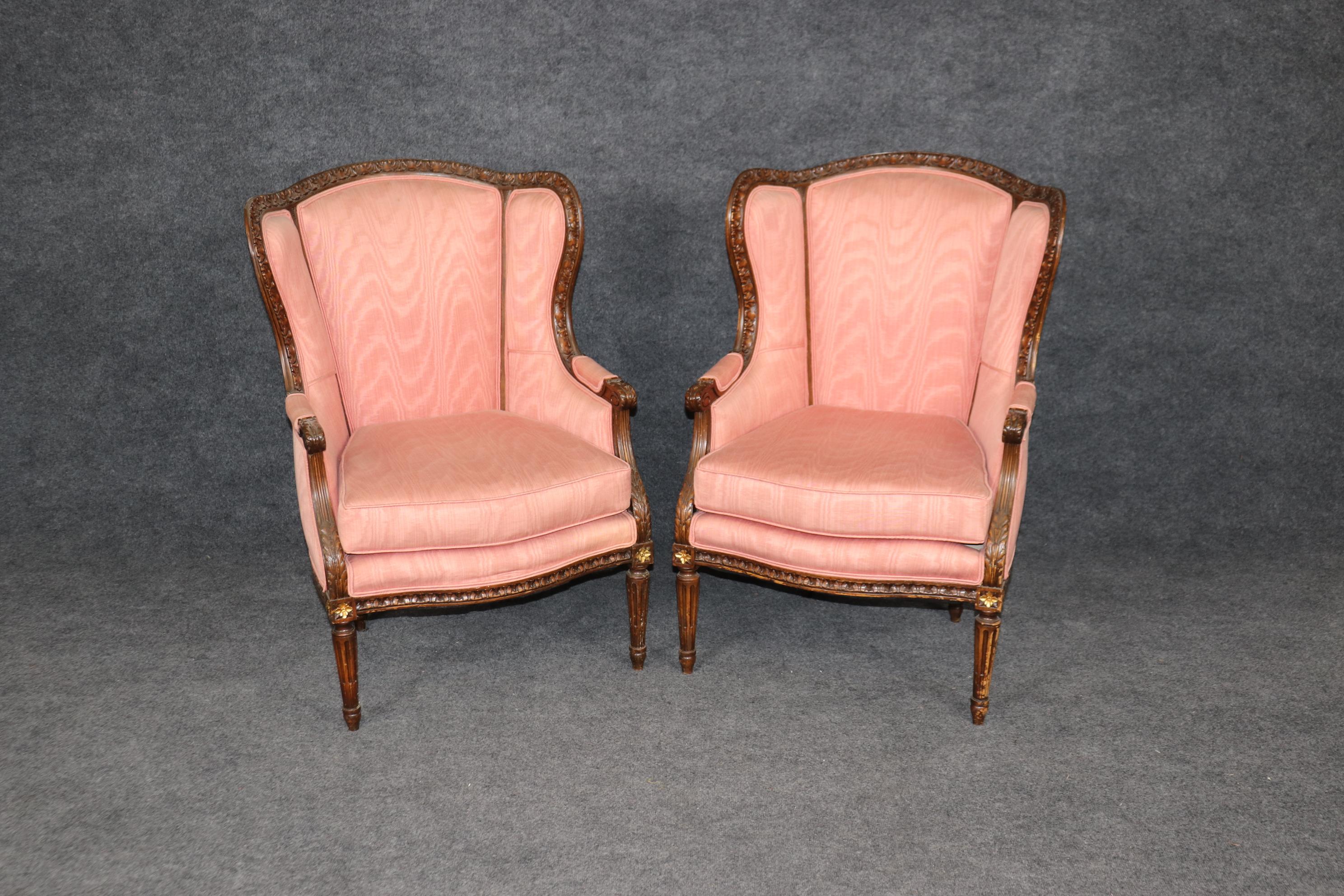 Pair of Precisely Carved French Walnut Bergere Wing Chairs Circa 1930s For Sale 1