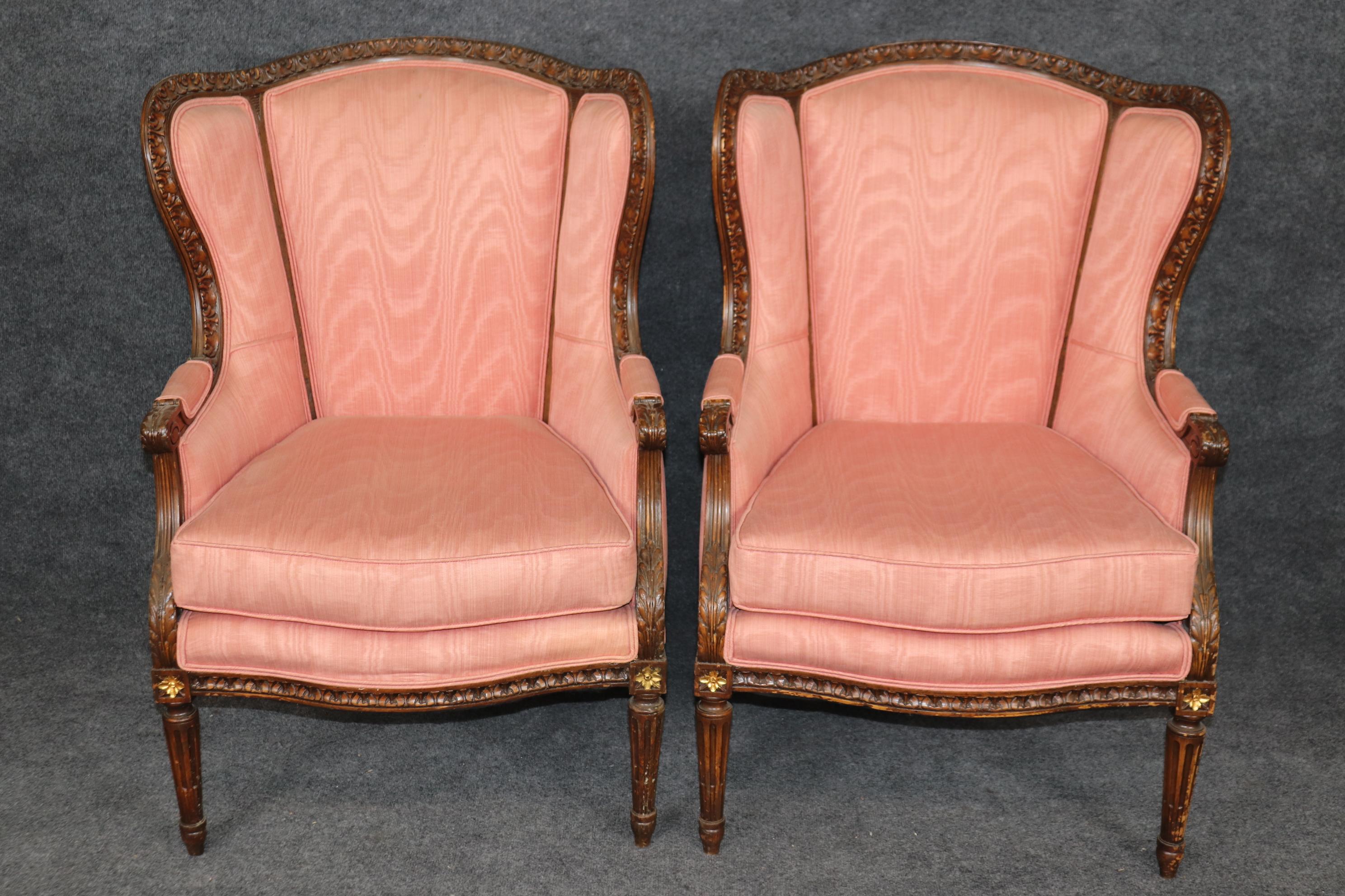 Pair of Precisely Carved French Walnut Bergere Wing Chairs Circa 1930s For Sale 2