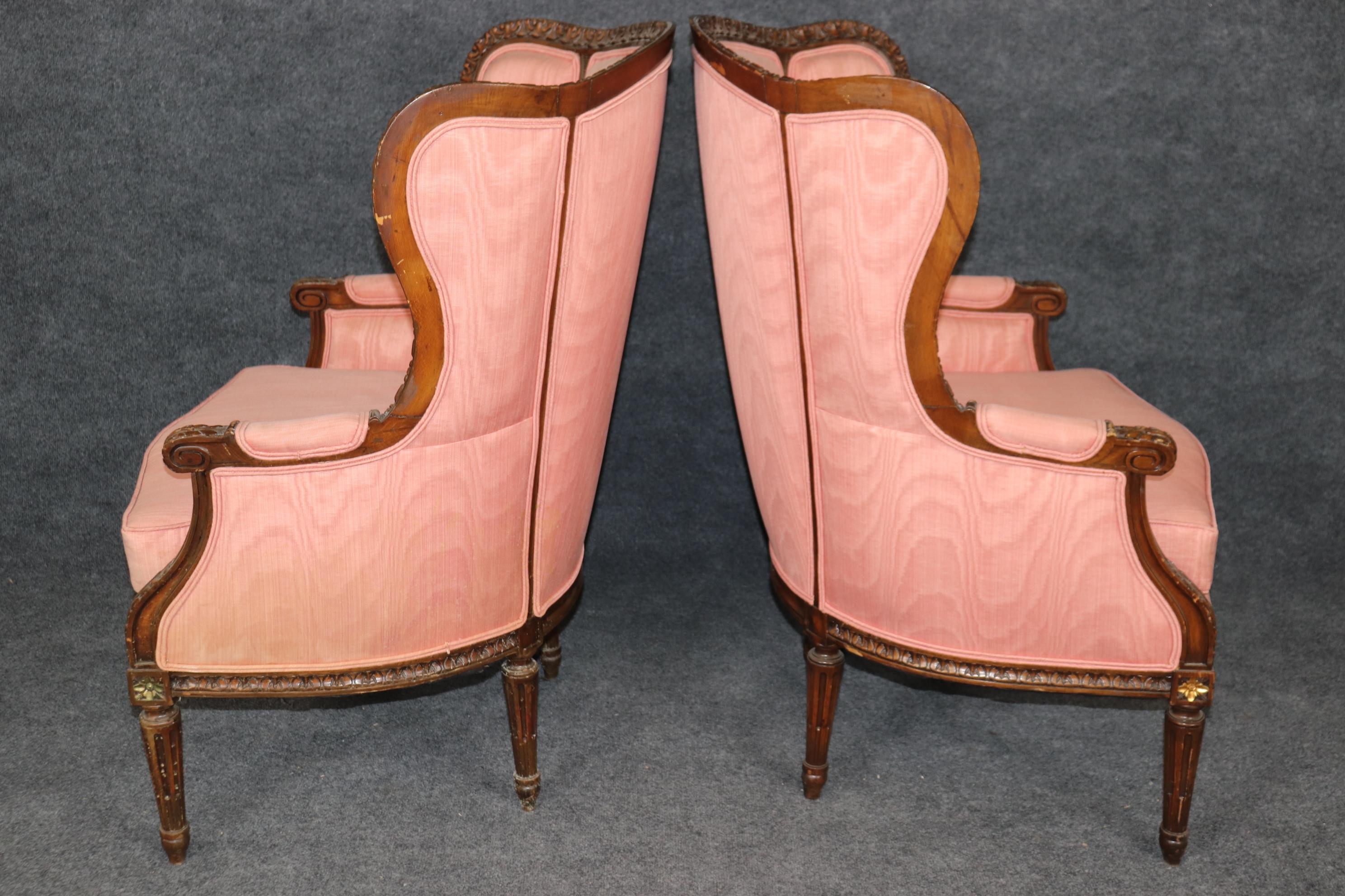 Pair of Precisely Carved French Walnut Bergere Wing Chairs Circa 1930s For Sale 3