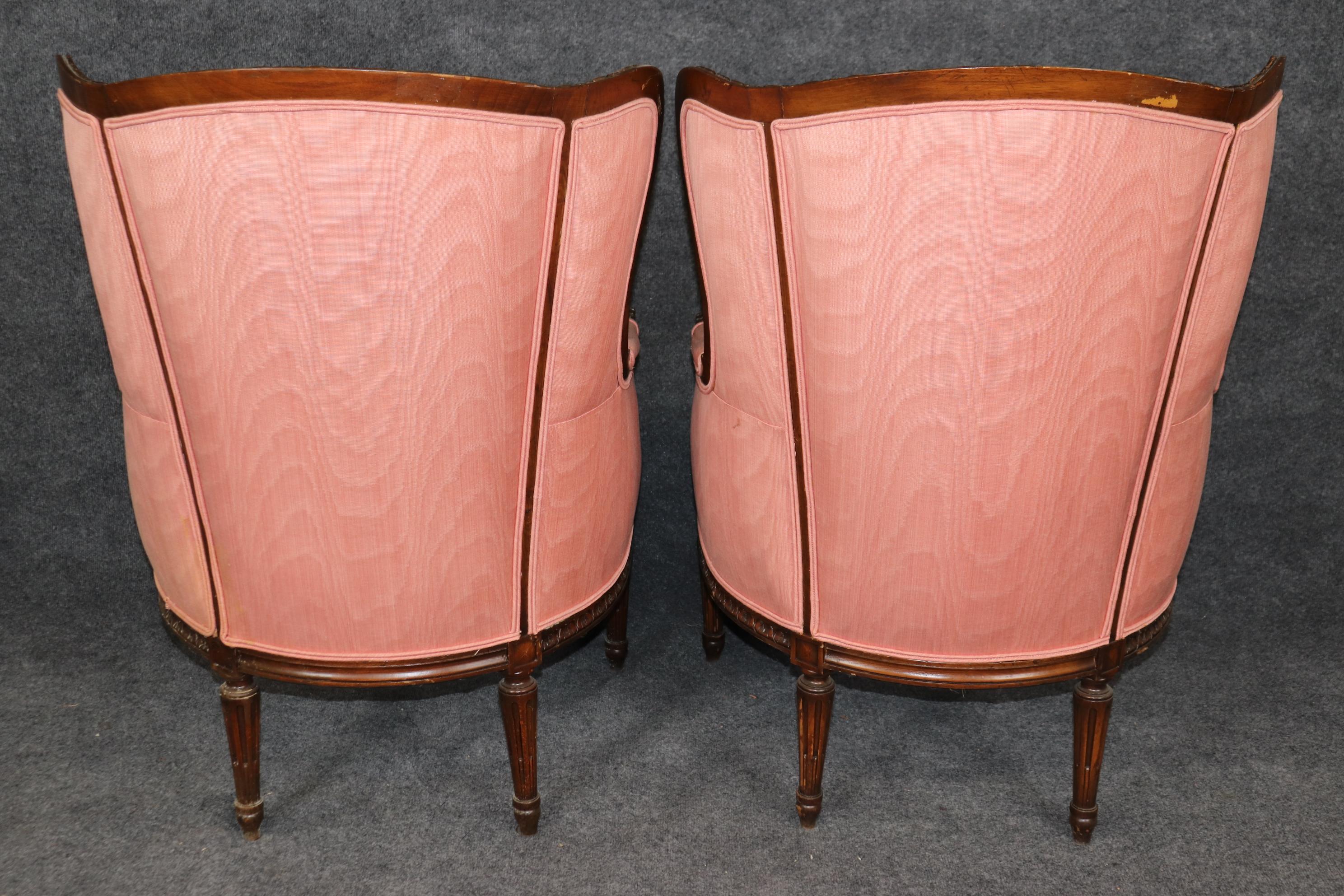 Pair of Precisely Carved French Walnut Bergere Wing Chairs Circa 1930s For Sale 4