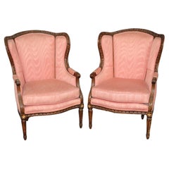 Pair of Precisely Carved French Walnut Bergere Wing Chairs Circa 1930s