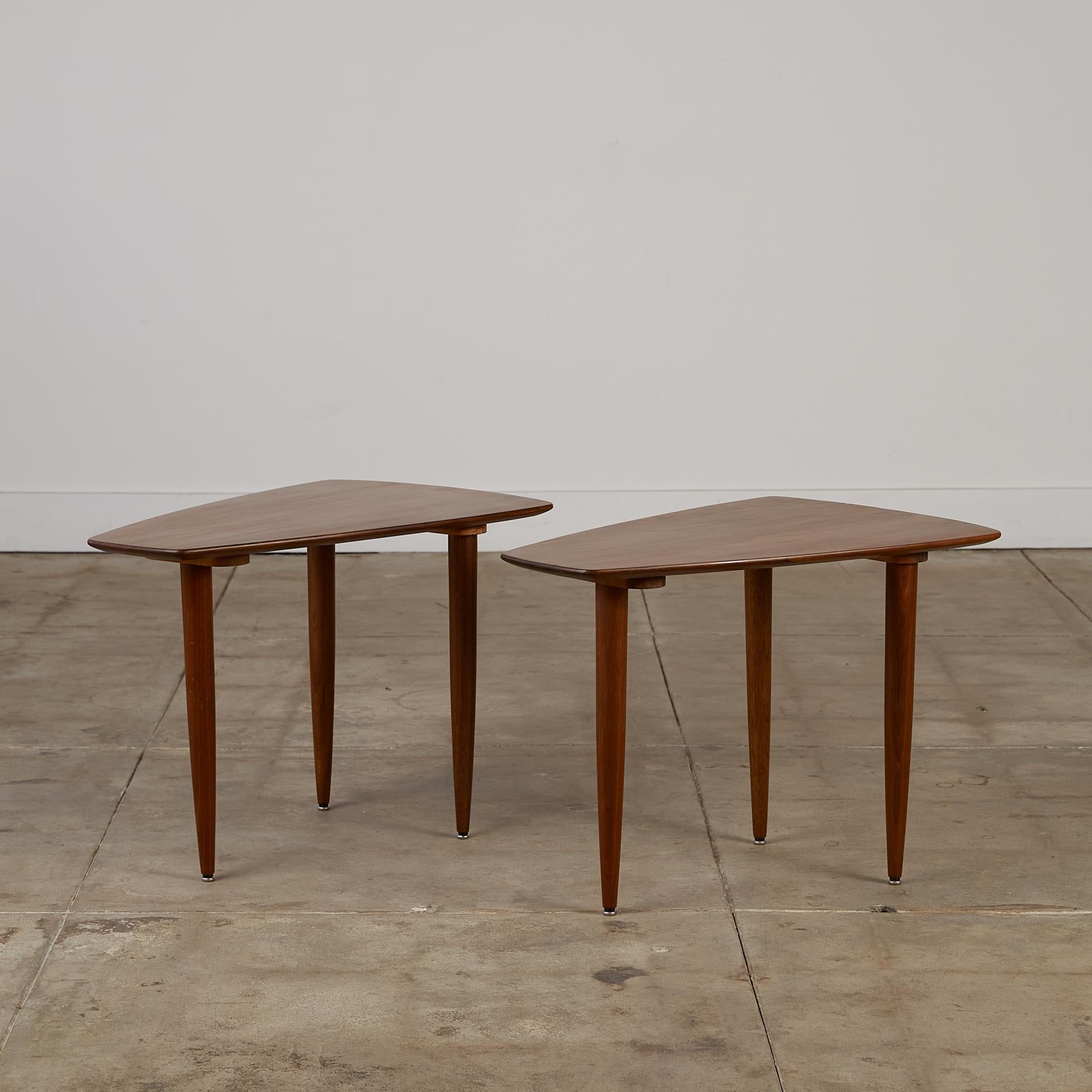 Produced by Ace-Hi of Gardena, California, c.1960s, the Prelude line of furniture featured solid walnut construction and simplified purity of form. This Prelude table has a rounded square shape that tapers towards one size. The expertly joined