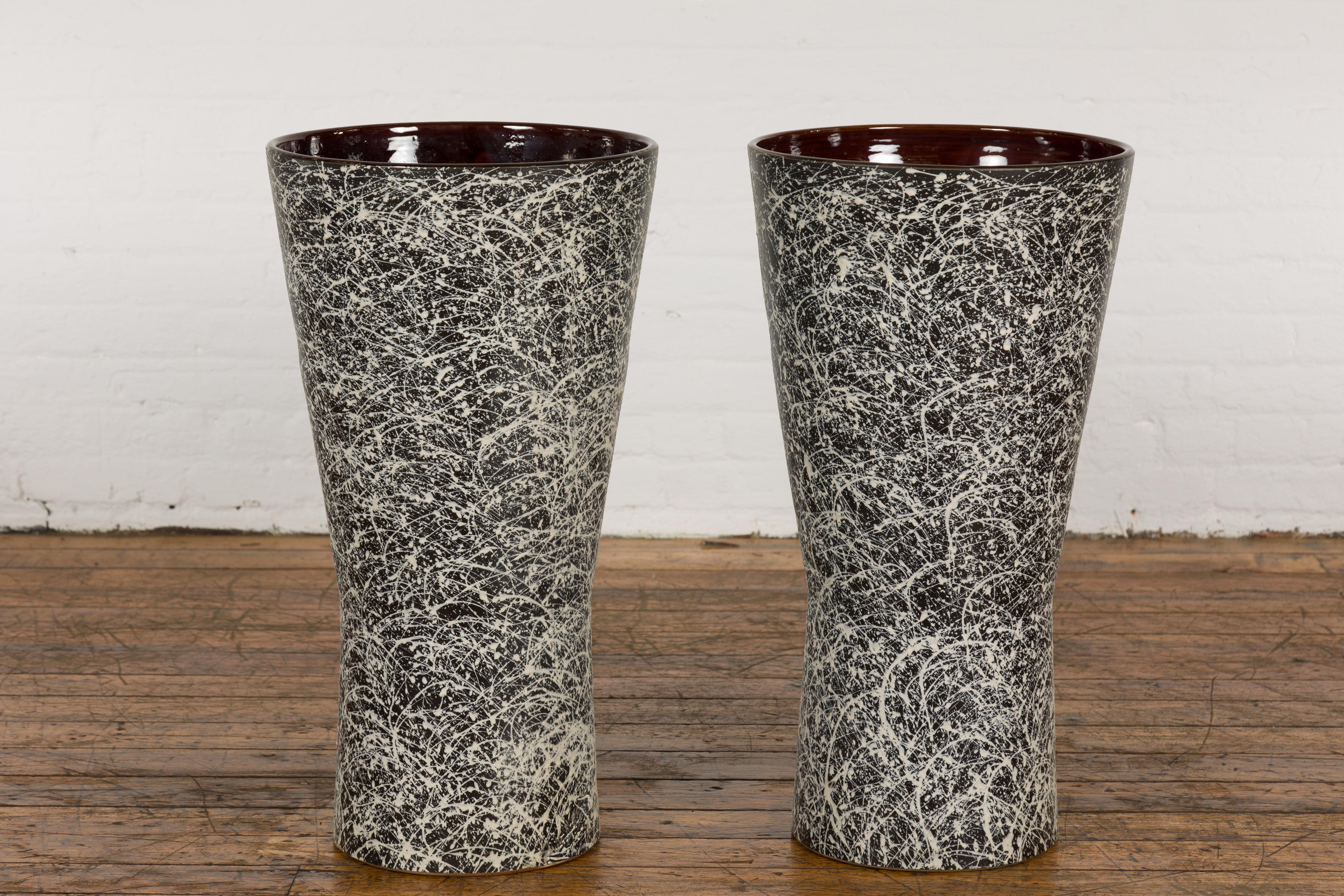 Pair of Textured Black & White Spattered Ceramic Vases For Sale 10