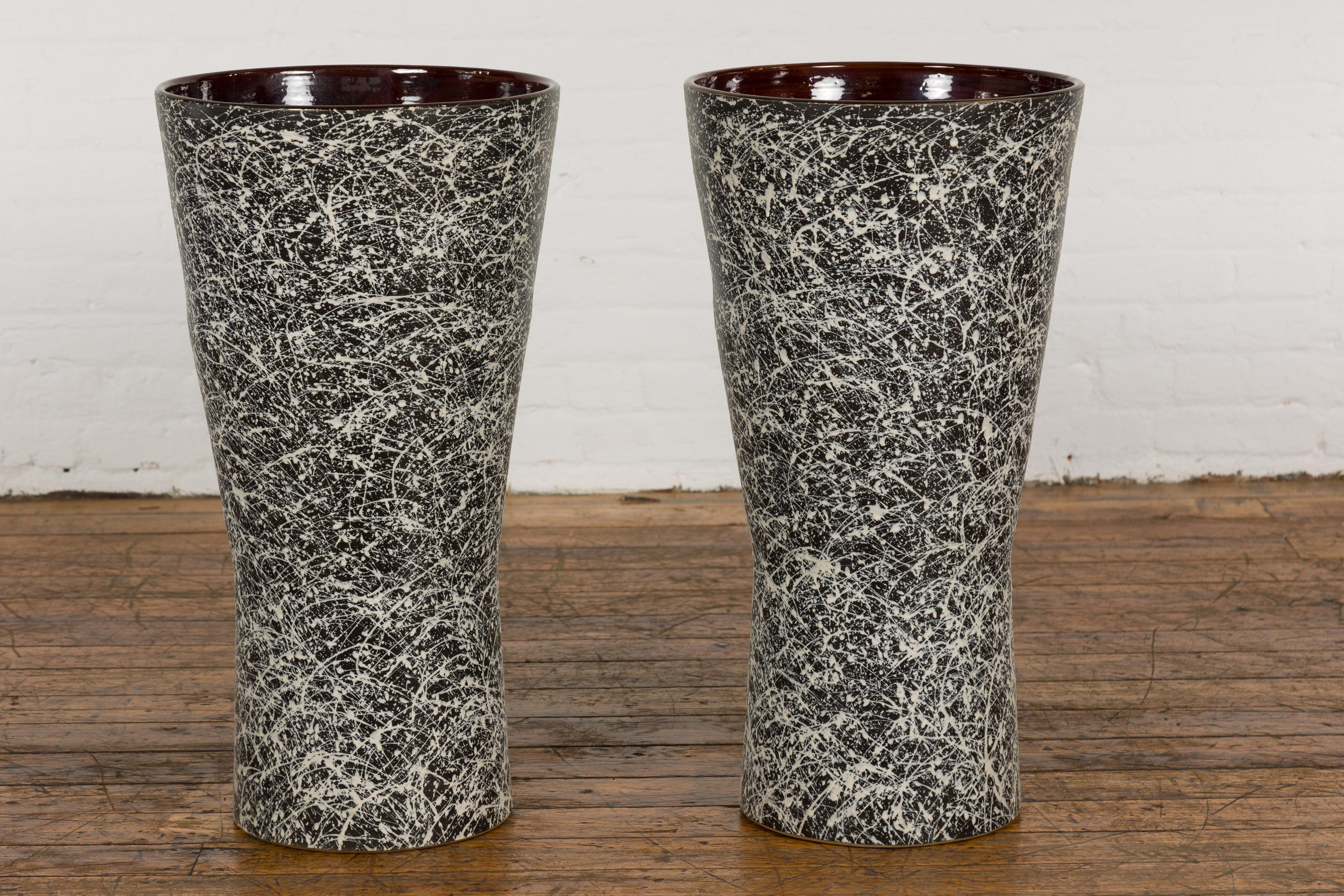 Pair of Textured Black & White Spattered Ceramic Vases For Sale 11