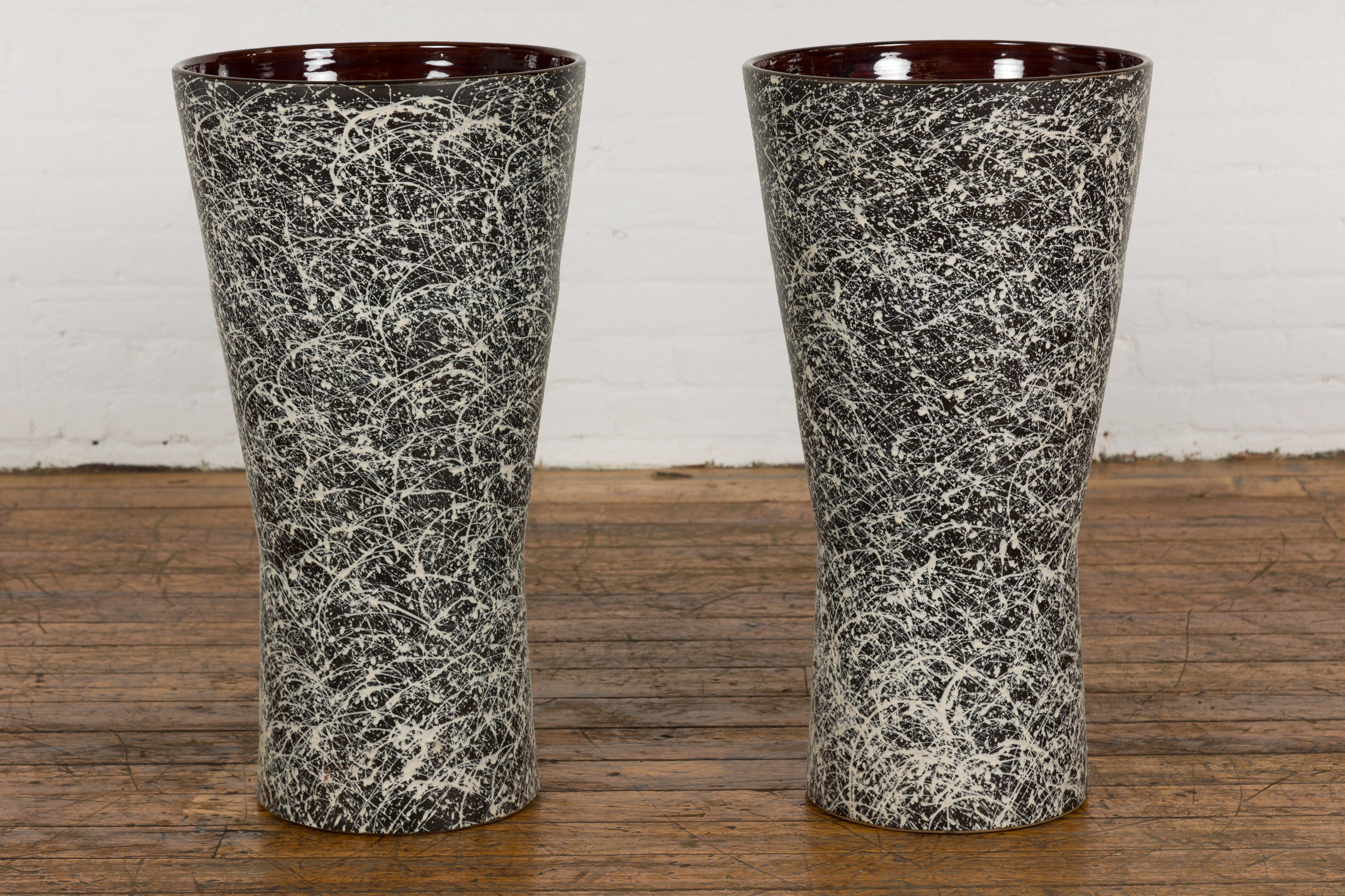 Pair of Textured Black & White Spattered Ceramic Vases For Sale 12