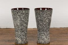 Pair of Textured Black & White Spattered Ceramic Vases